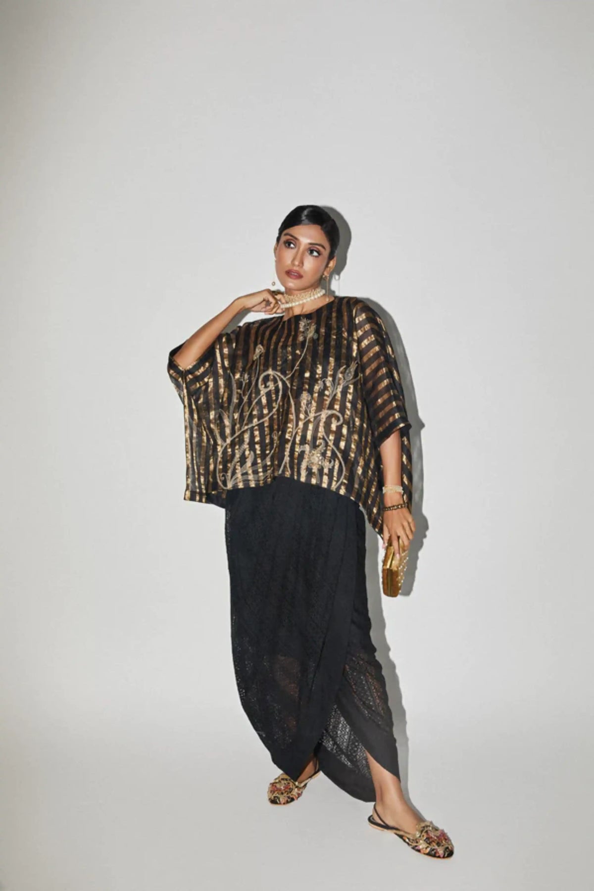 Black &amp; Gold Embroidered Kaftan Top