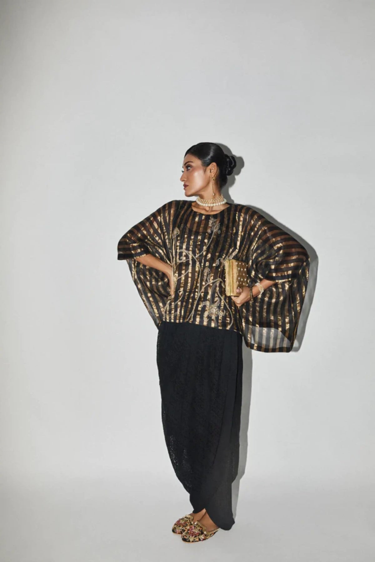 Black &amp; Gold Embroidered Kaftan Top &amp; Lace Skirt Set