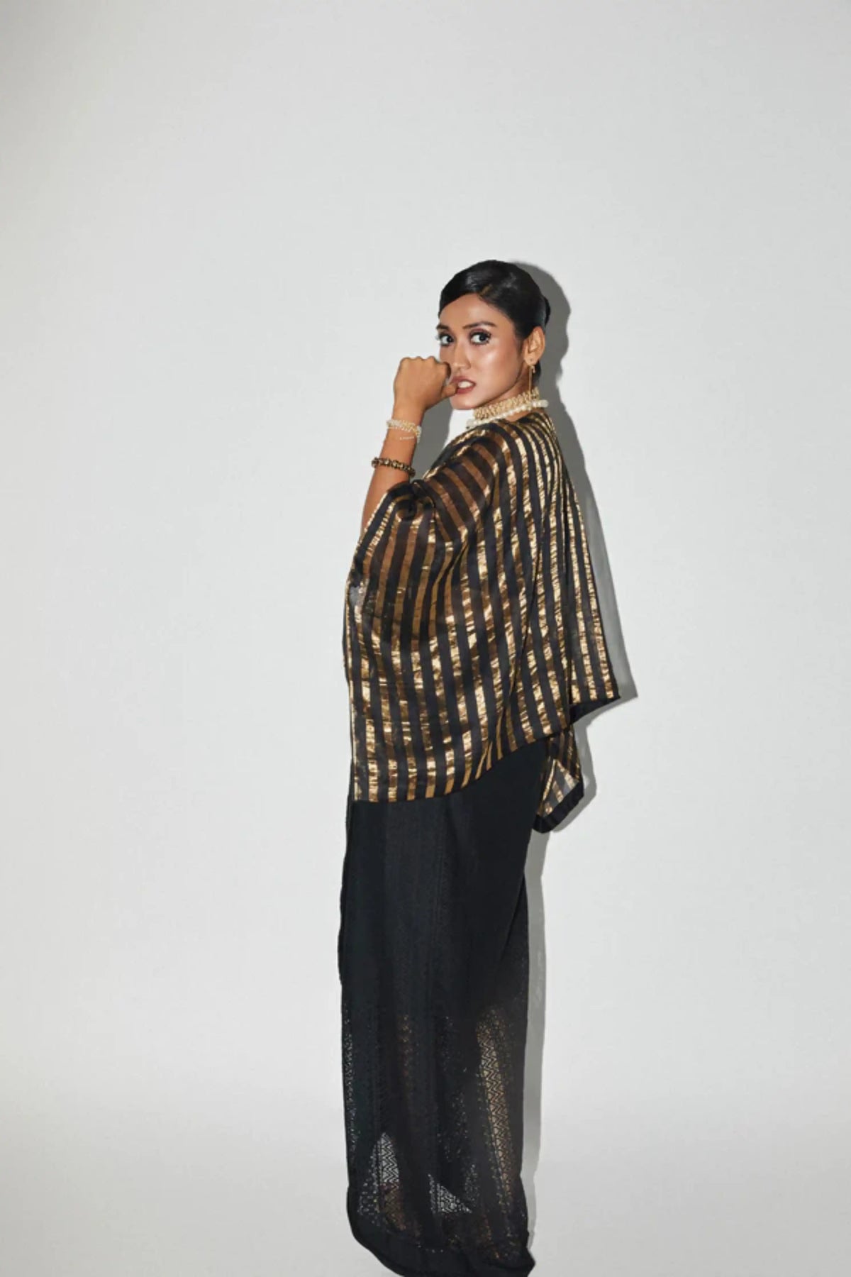 Black &amp; Gold Embroidered Kaftan Top