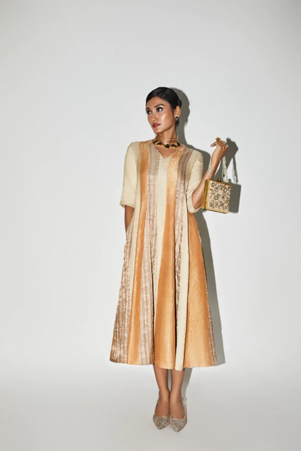 Orange Gold Panel Silk Dress