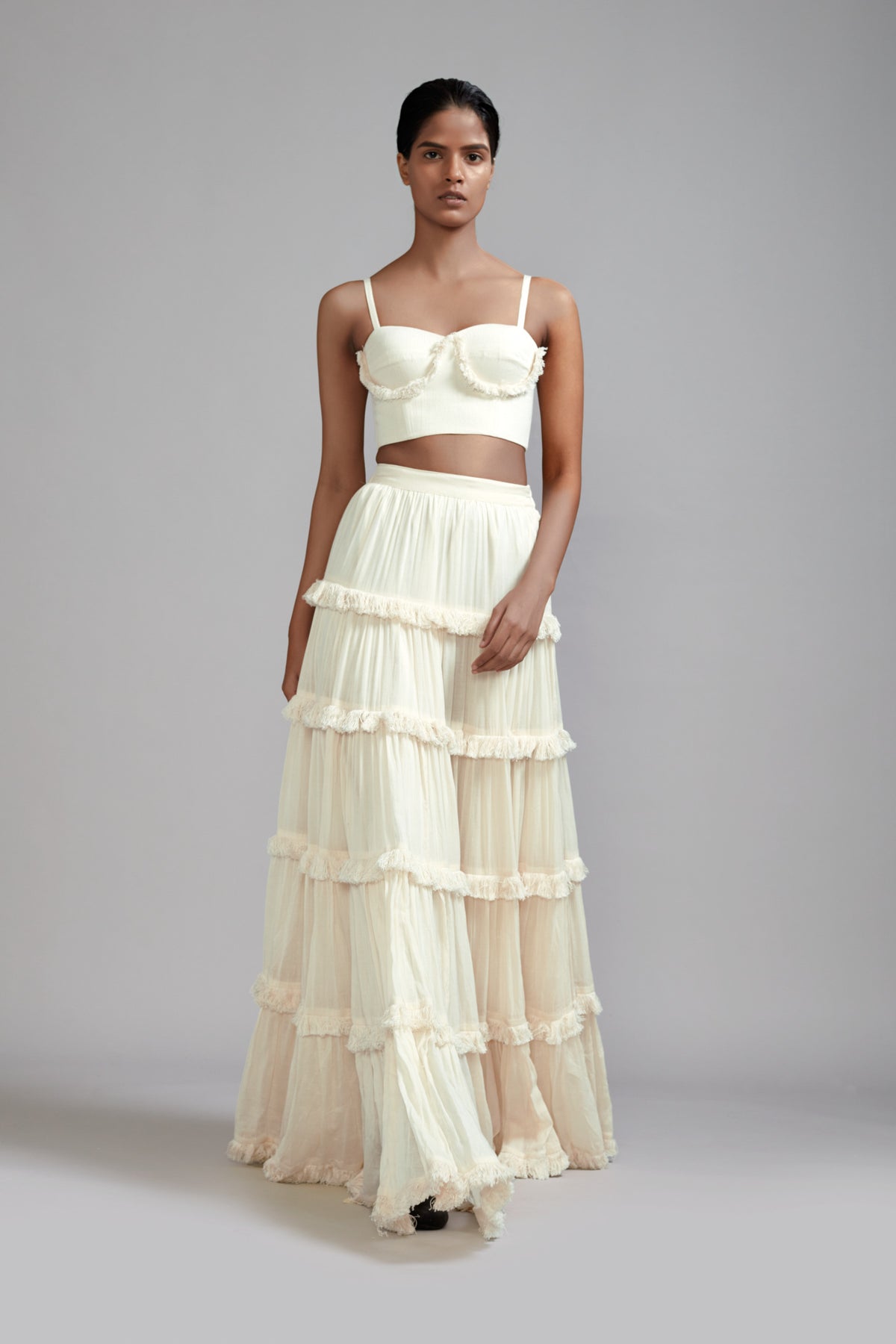 Off white Fringed Tiered Lehenga