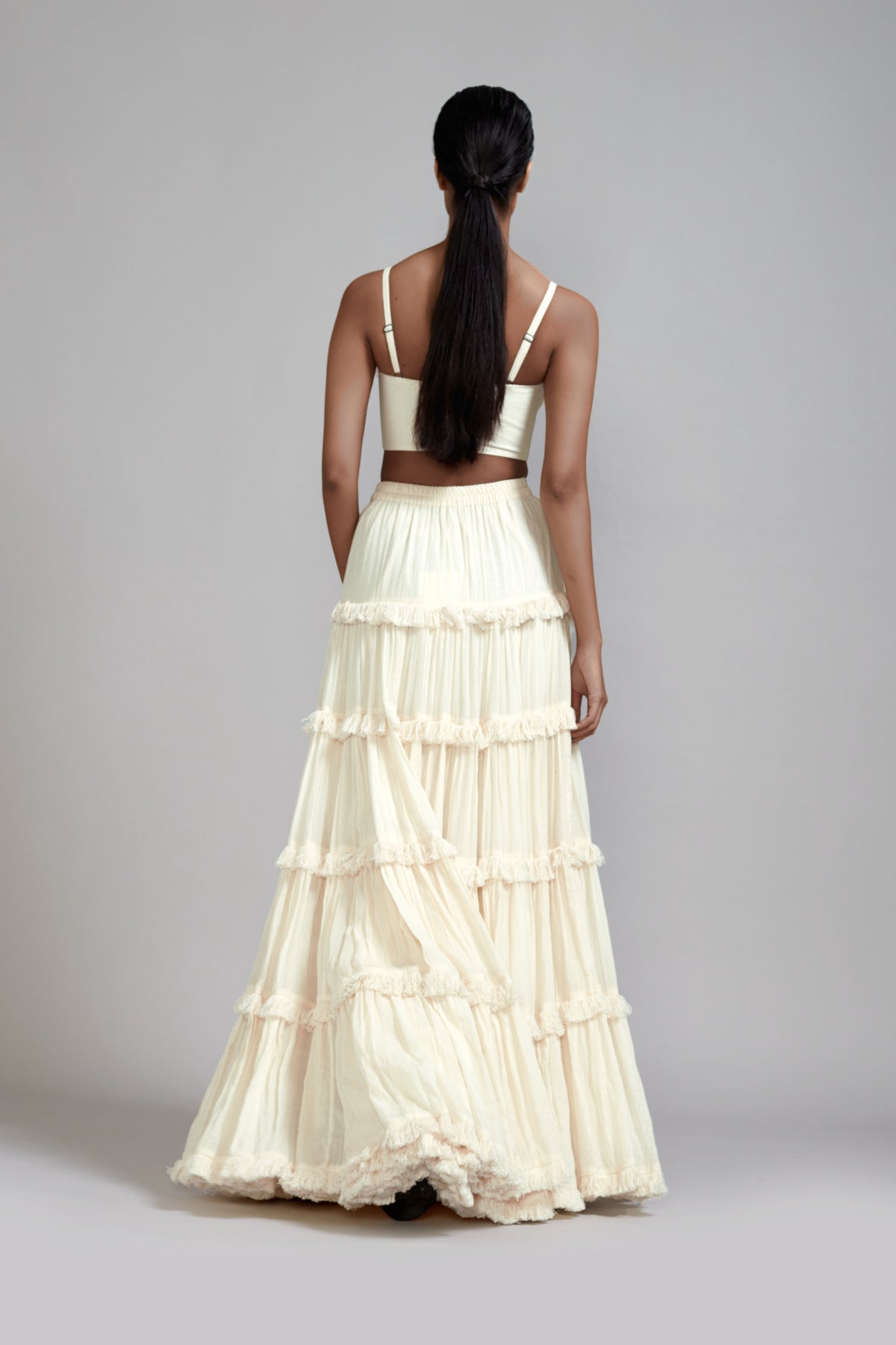 Offwhite Fringed Tiered Lehenga Set