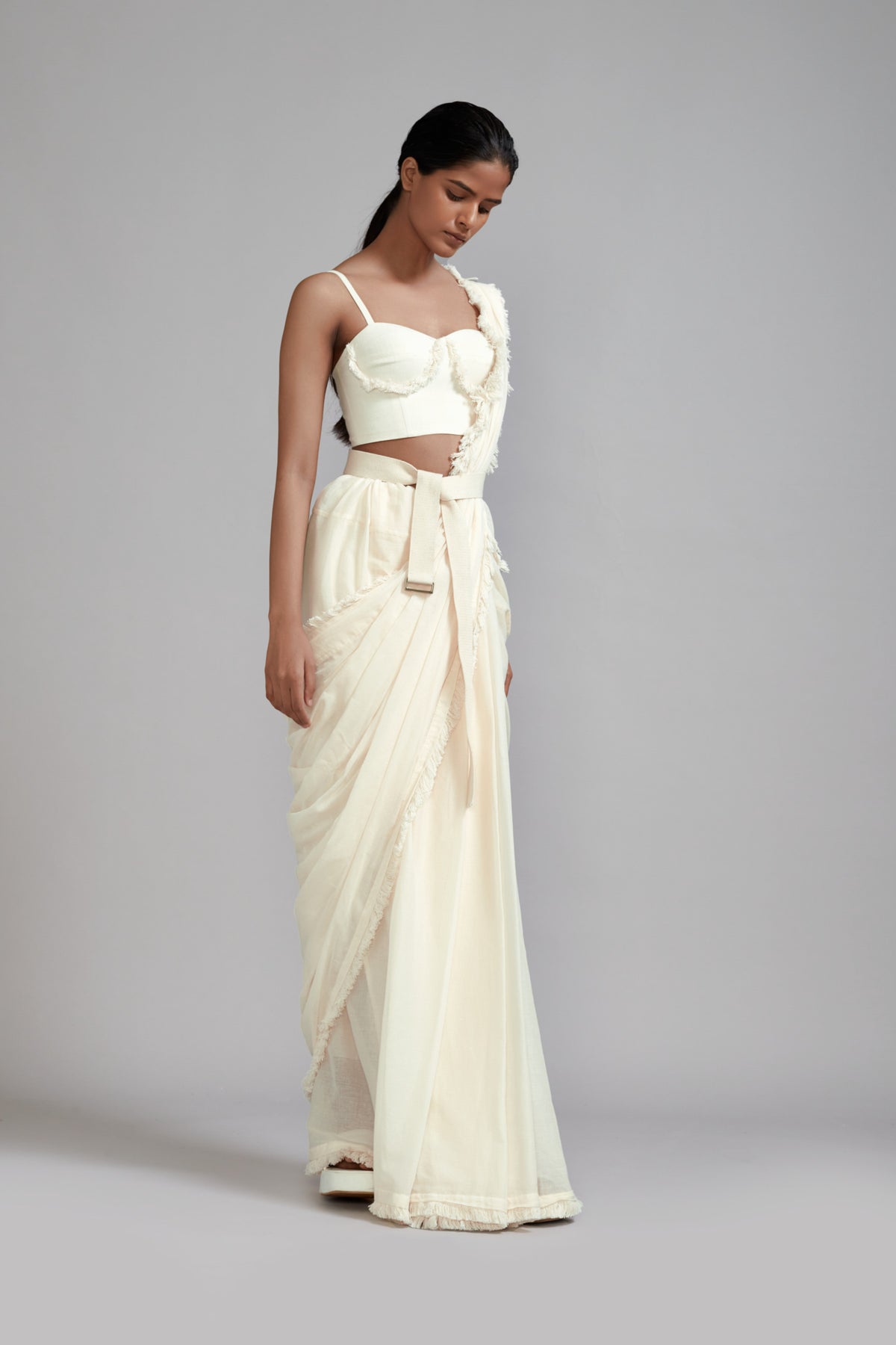 Off white Fringed Saree corset jacket Set