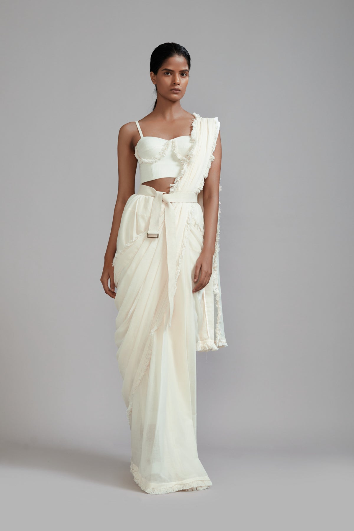Off white Fringed Saree corset jacket Set