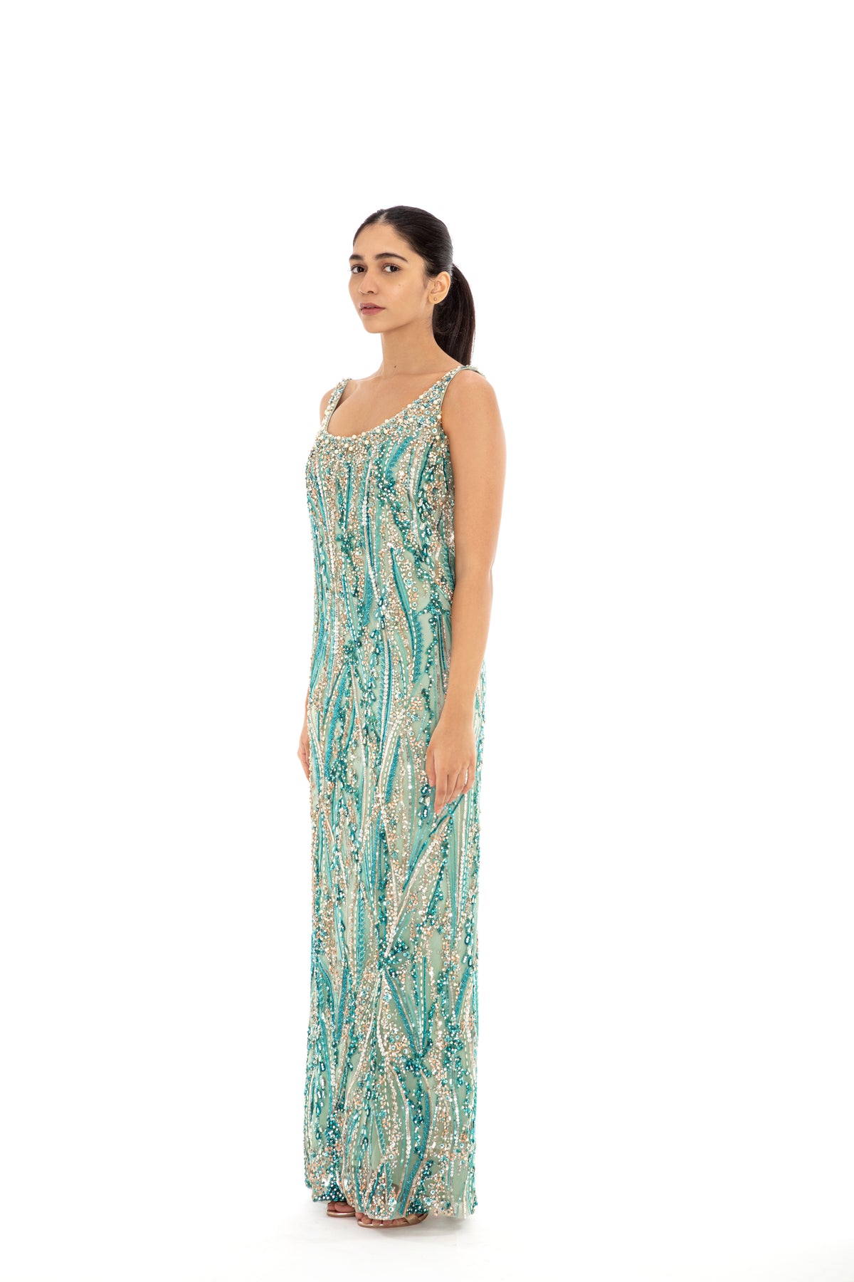 Aqua beaded long gown