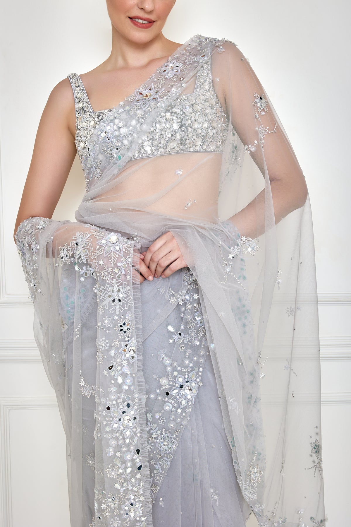 Ice grey mirror border net sari