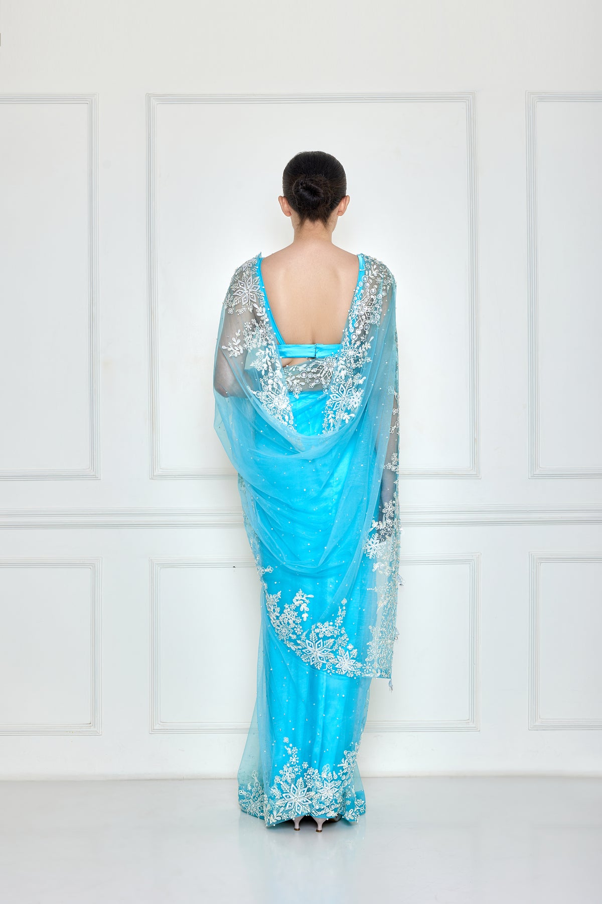 Vivid sky blue net sari