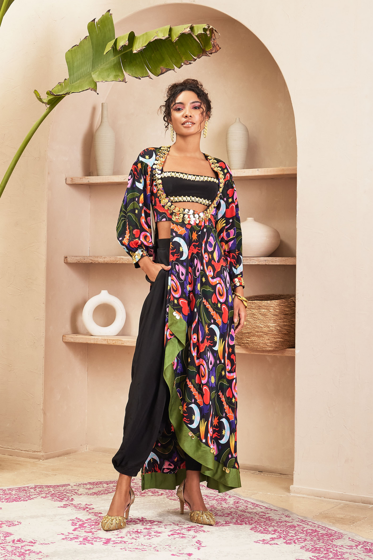 Black Jungle Print Jacket With Dhoti Pant &amp; Top