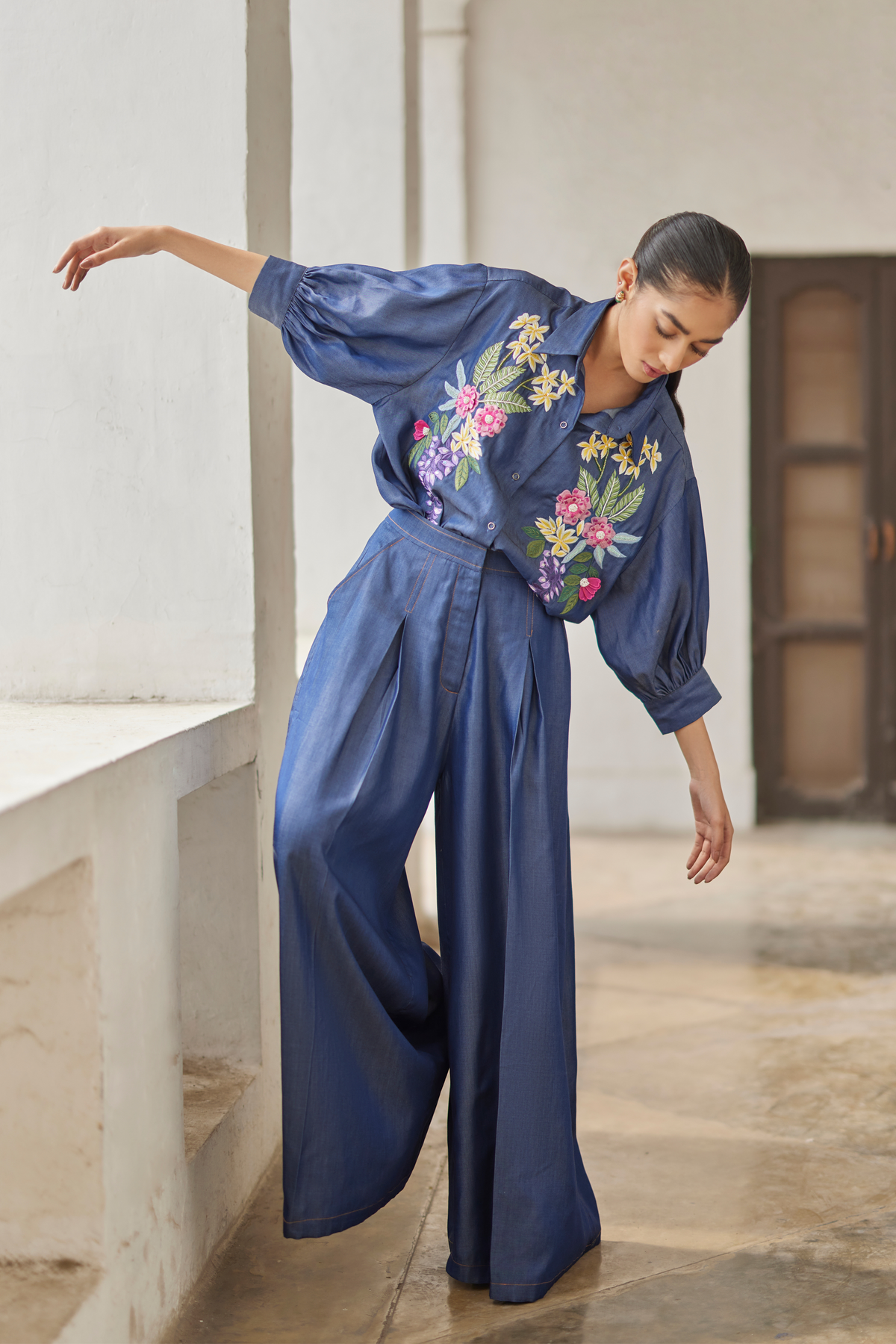 Denim Bouquet Embroidered Shirt