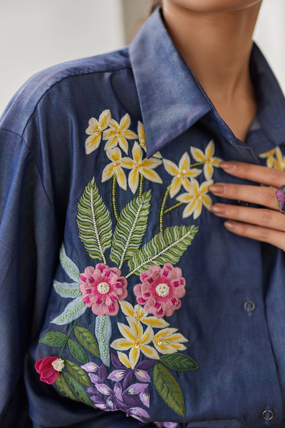 Denim Bouquet Embroidered Shirt