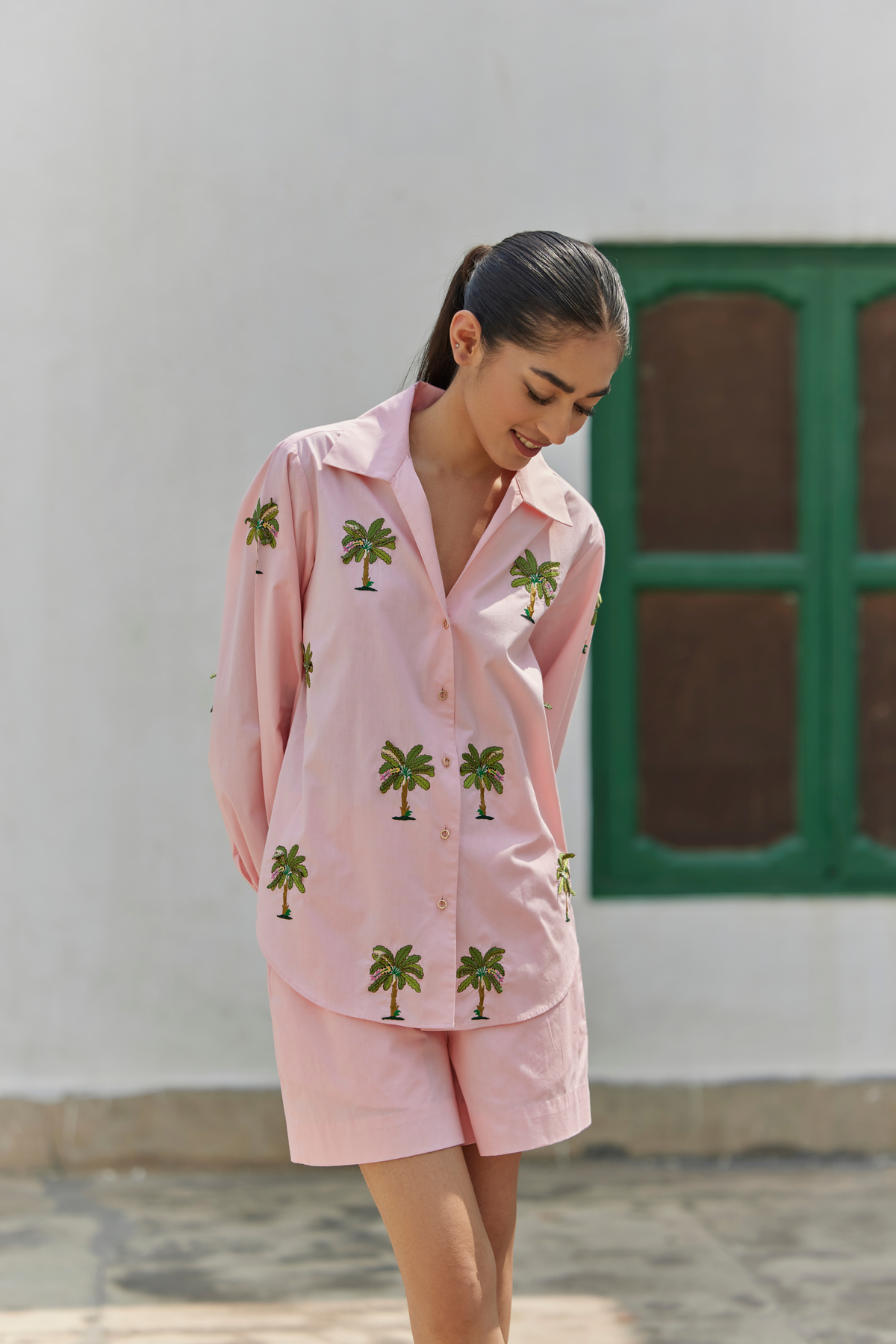 Peach Banana Tree Embroidered Shirt Set