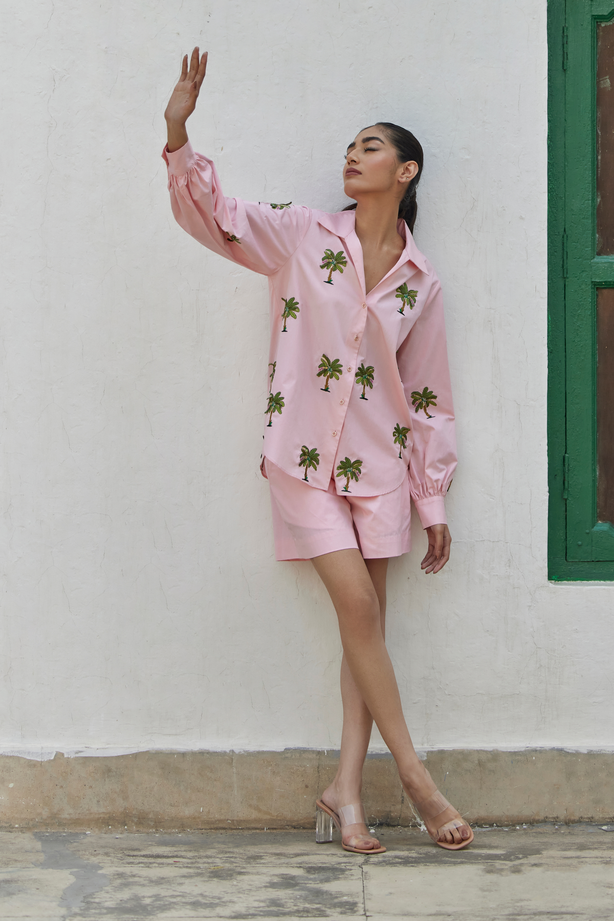 Peach Banana Tree Embroidered Shirt Set