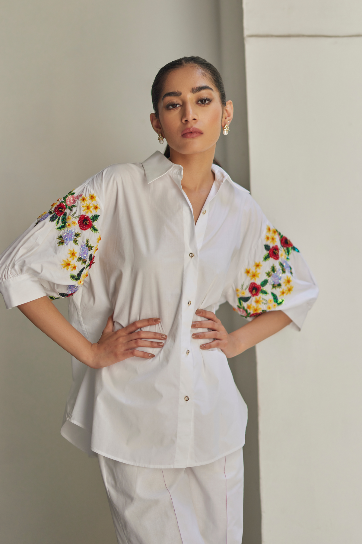 White Bouquet Floral Hand Embroidered Shirt