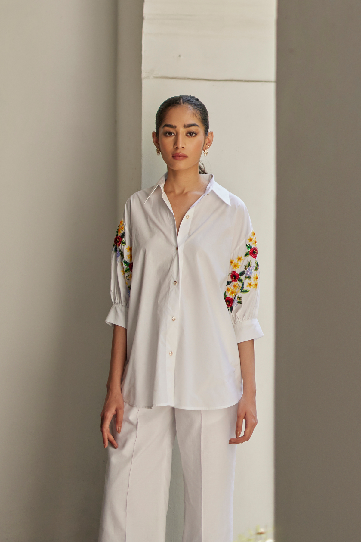 White Bouquet Floral Hand Embroidered Shirt