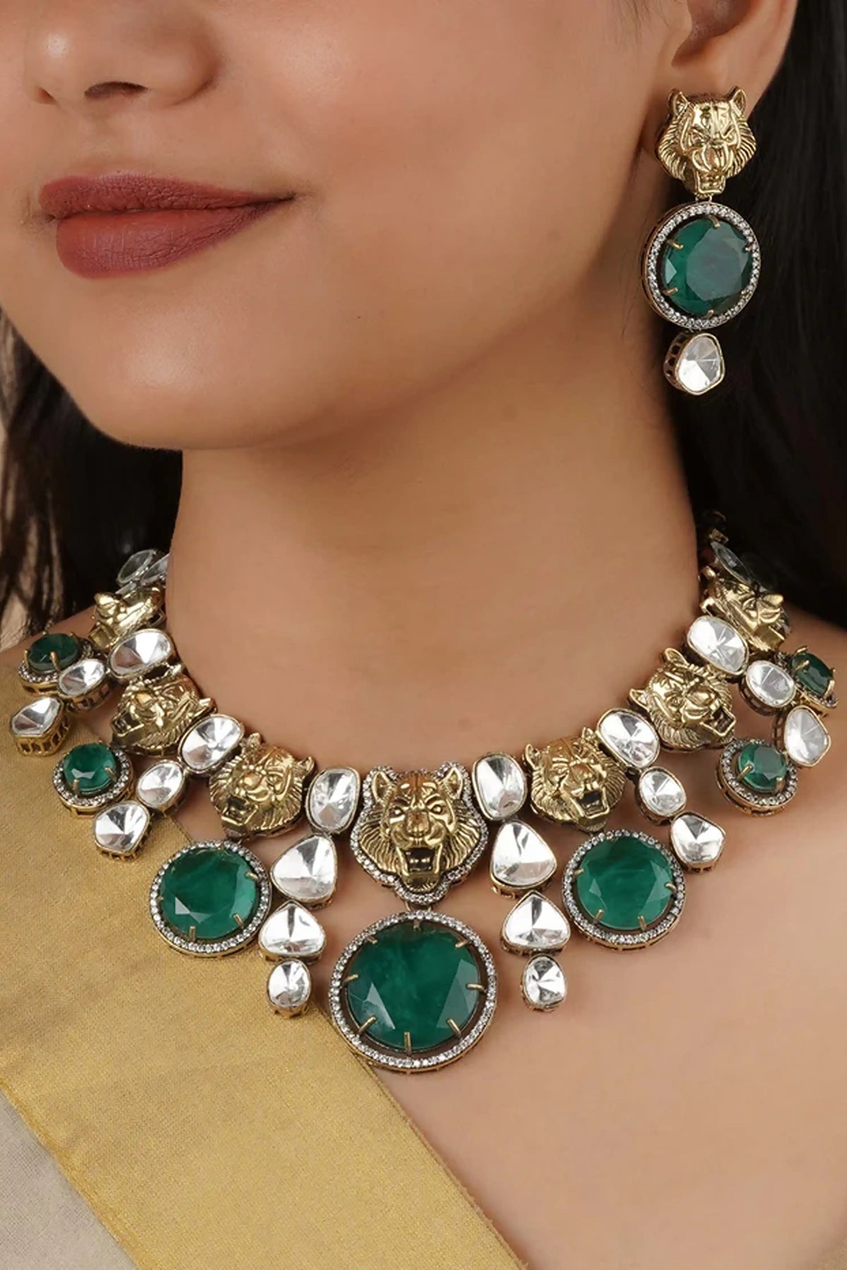 Green Color Gold Plated Faux Polki Necklace Set