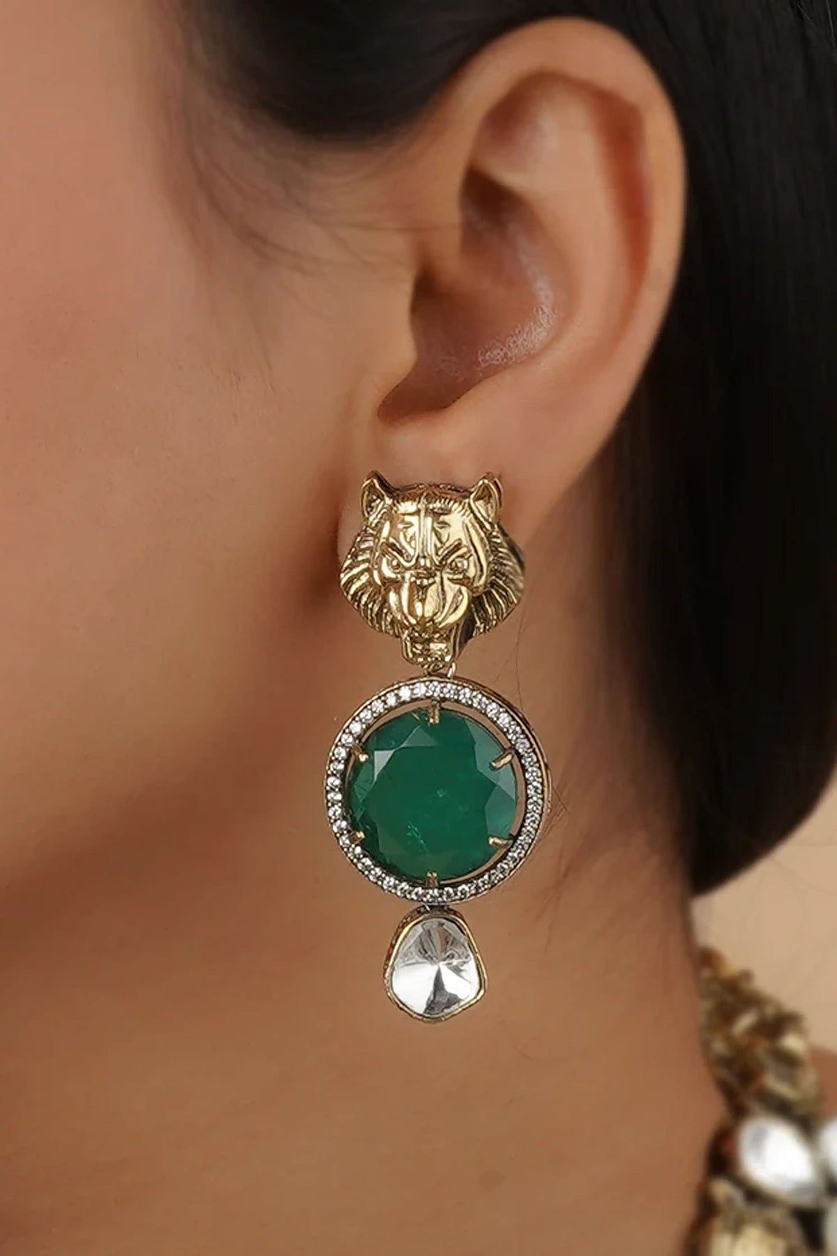 Green Color Gold Plated Faux Polki Necklace Set