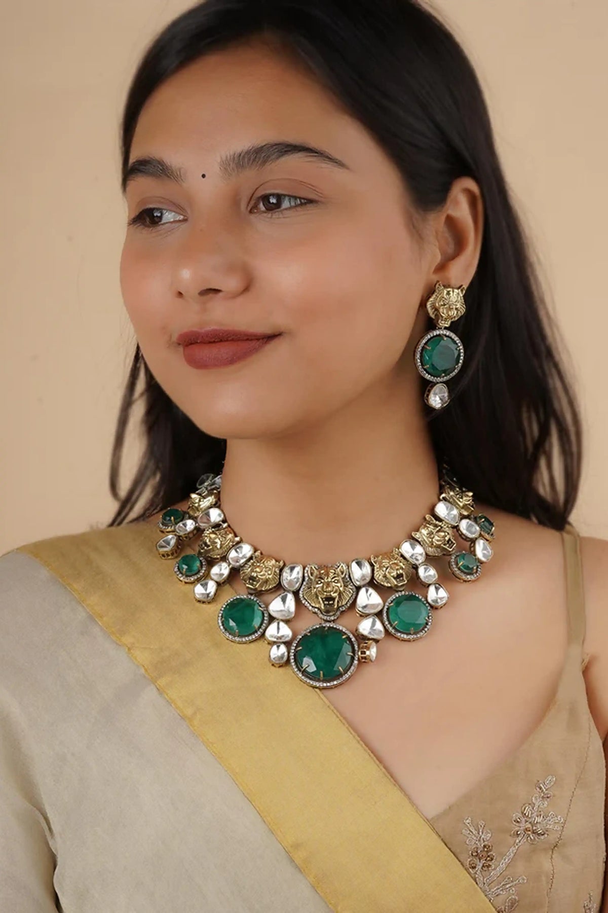 Green Color Gold Plated Faux Polki Necklace Set