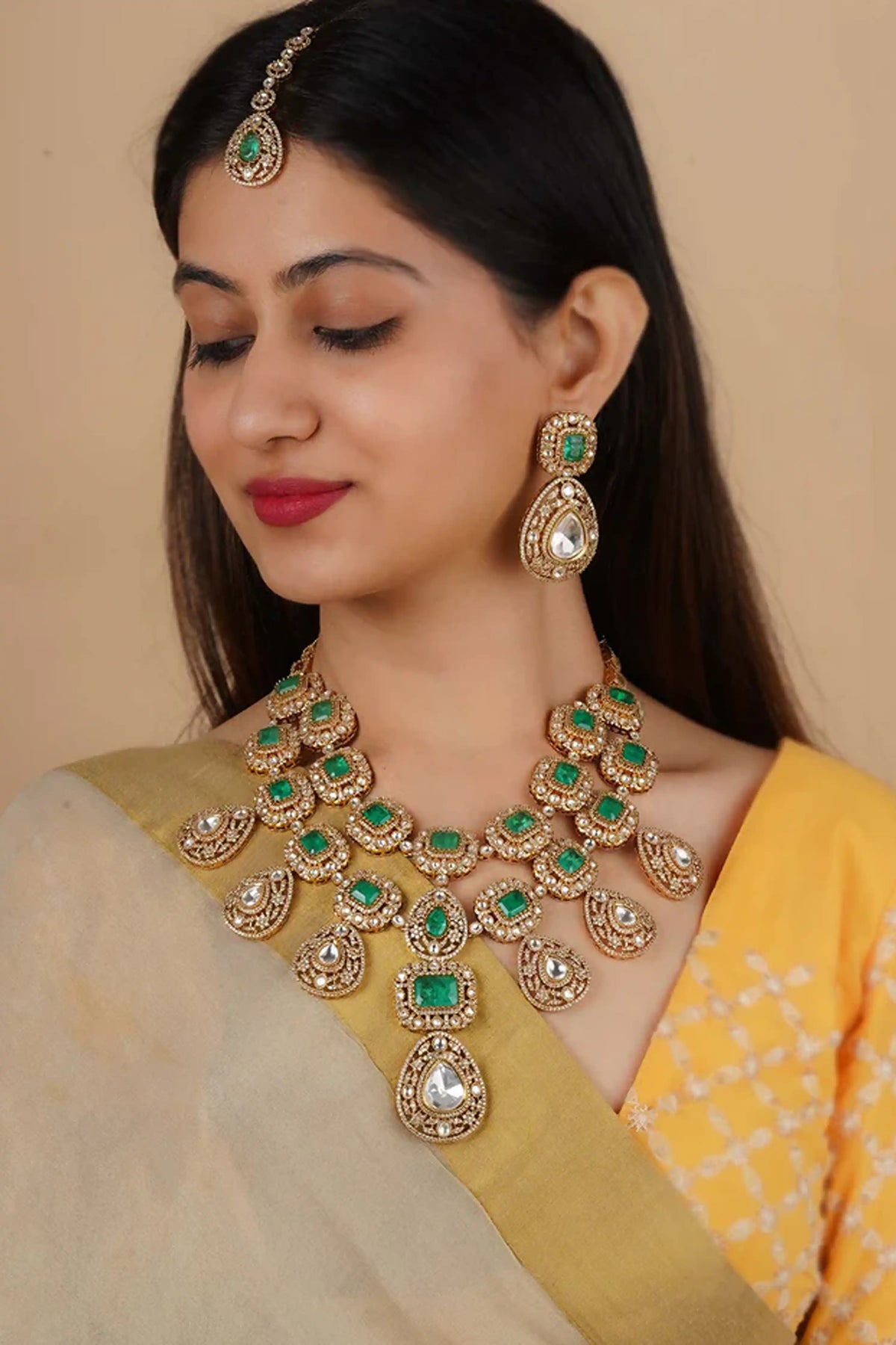 Green Faux Polki Bridal Necklace Set