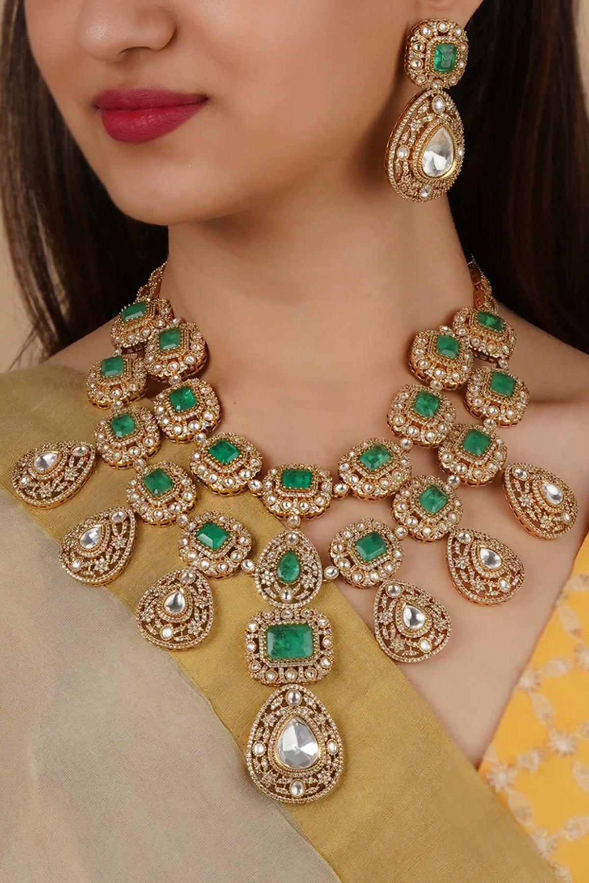 Green Faux Polki Bridal Necklace Set