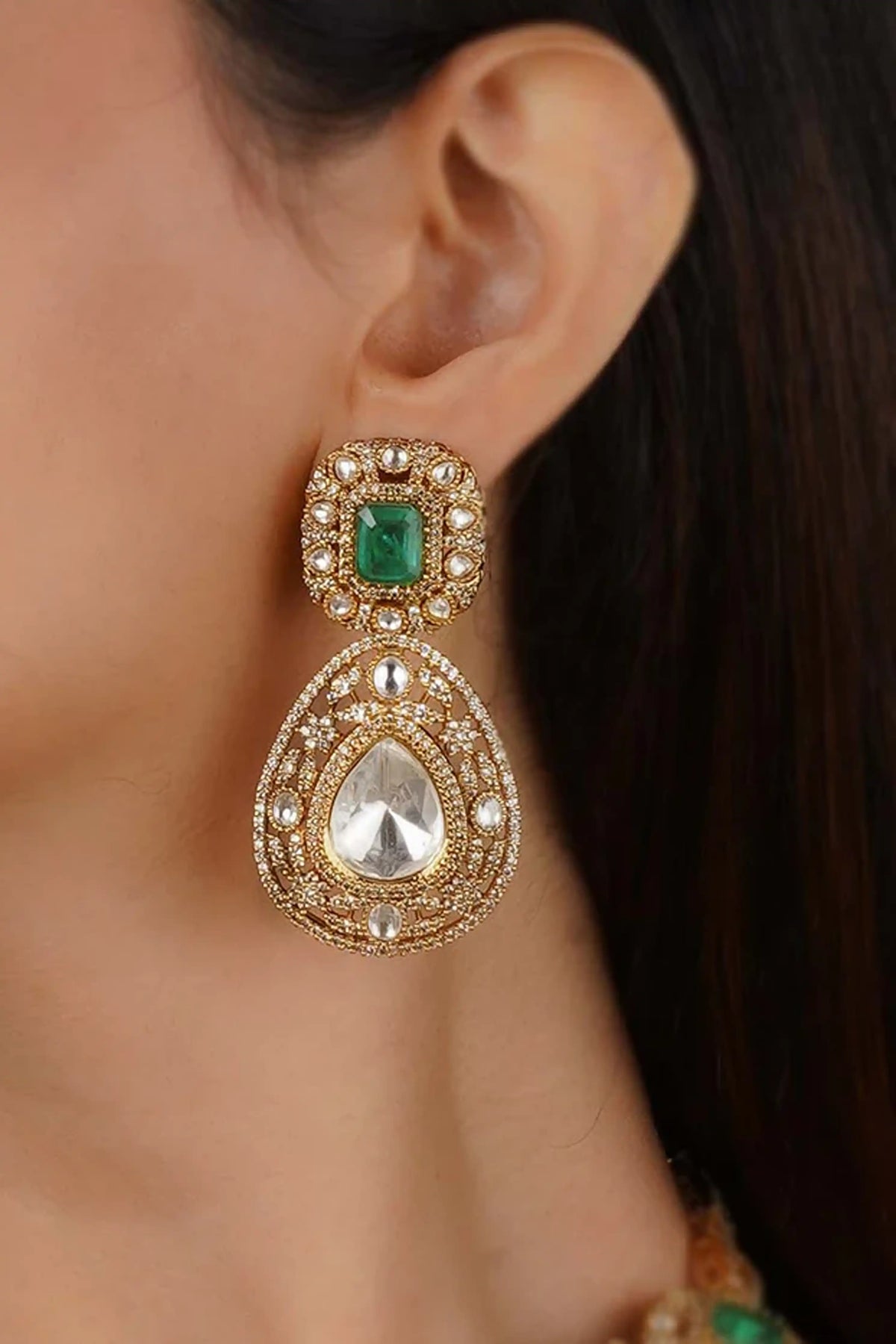 Green Faux Polki Bridal Necklace Set