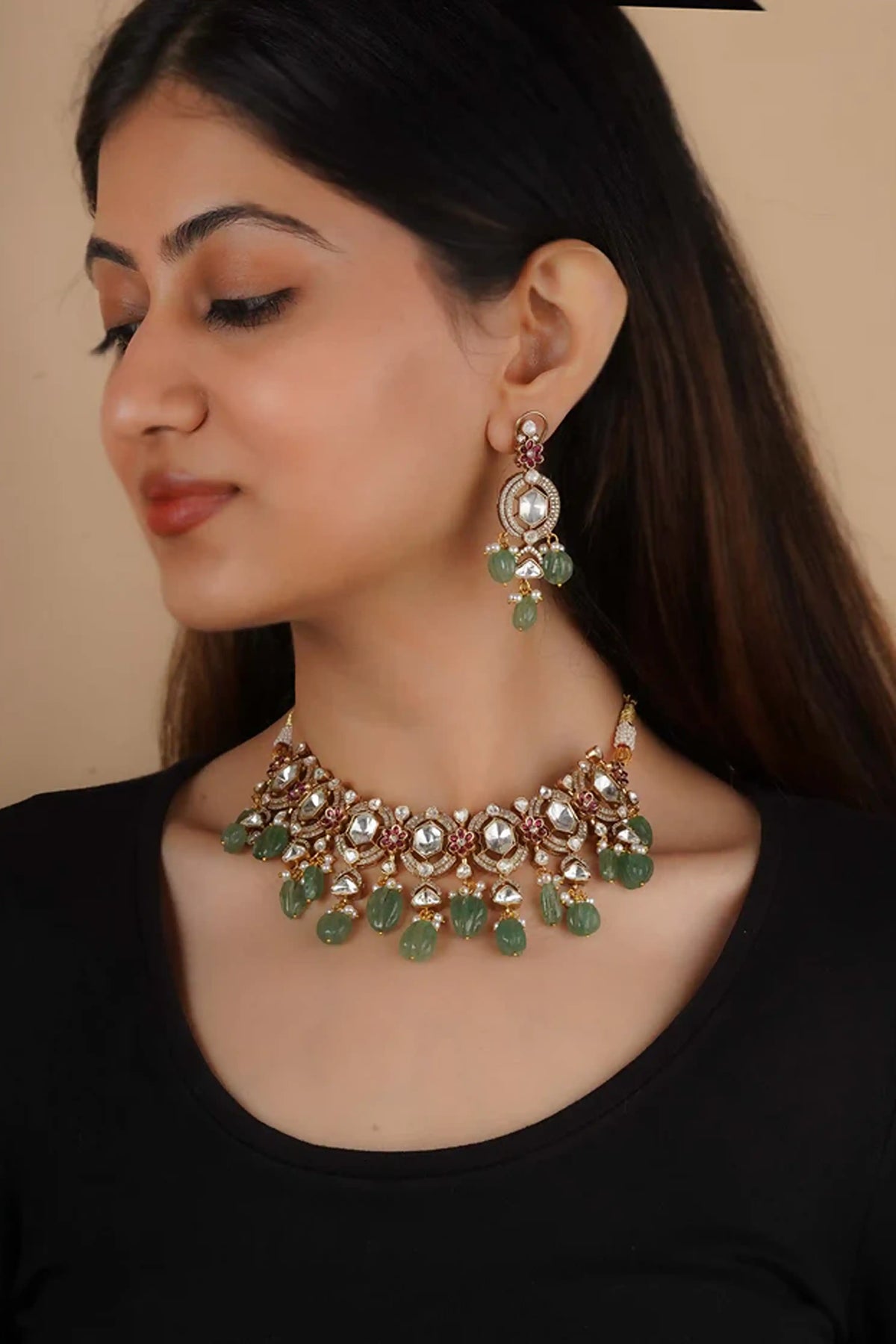 Pink Faux Polki Necklace Set