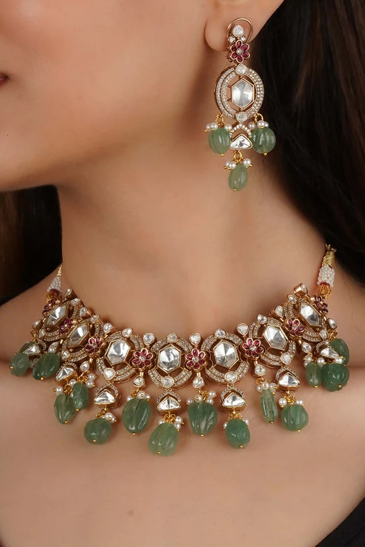 Pink Faux Polki Necklace Set