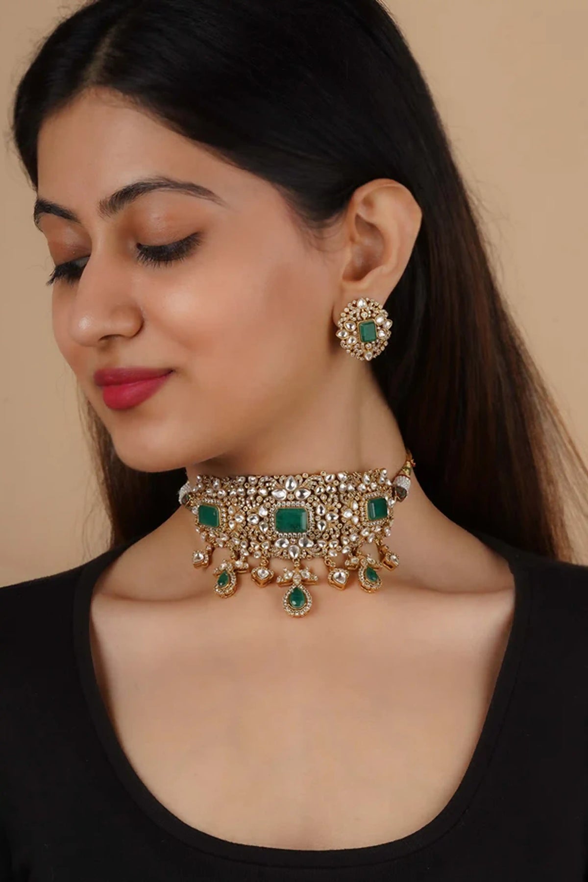 Green Faux Polki Necklace Set