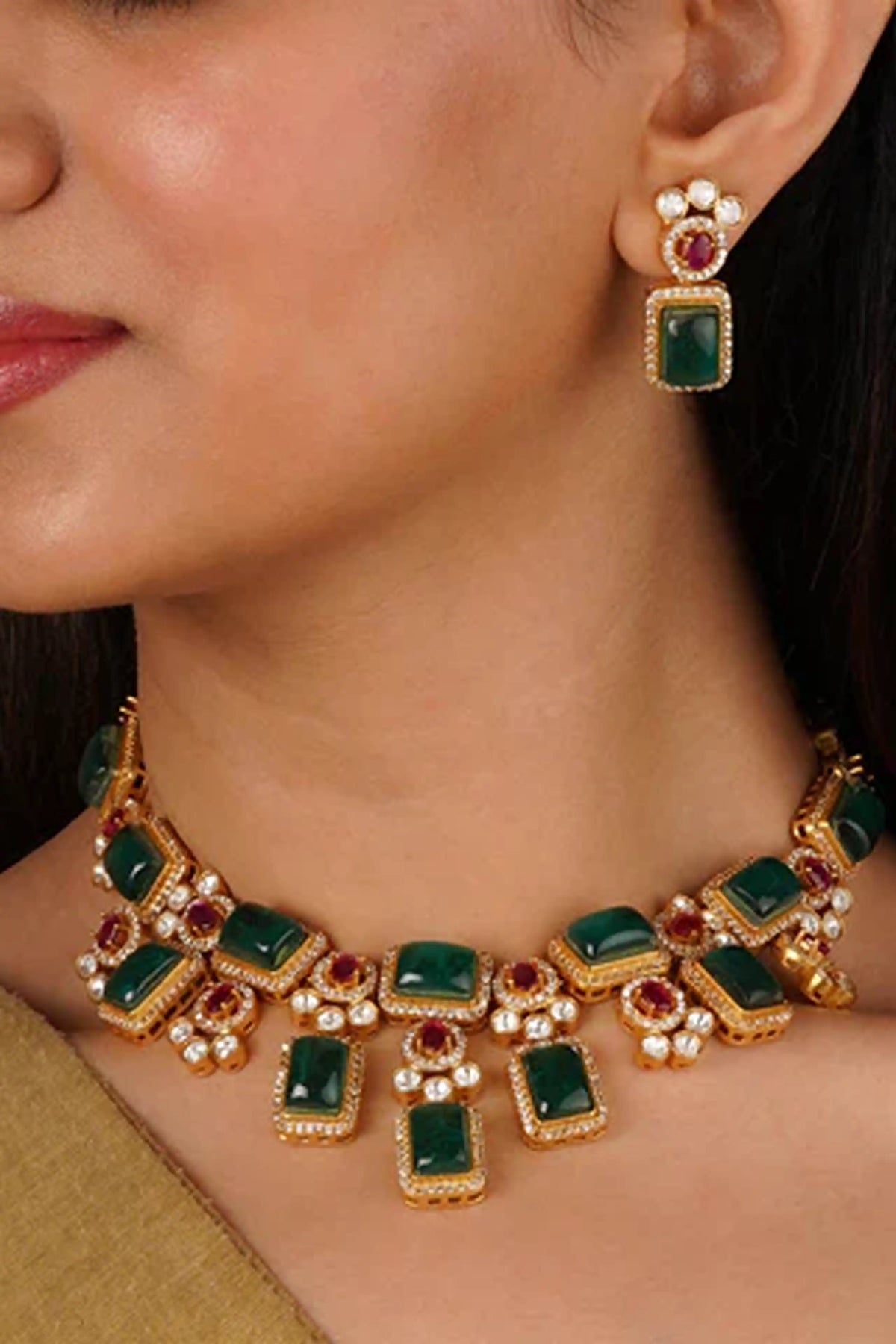 Multicolor Gold Plated Faux Polki Necklace Set