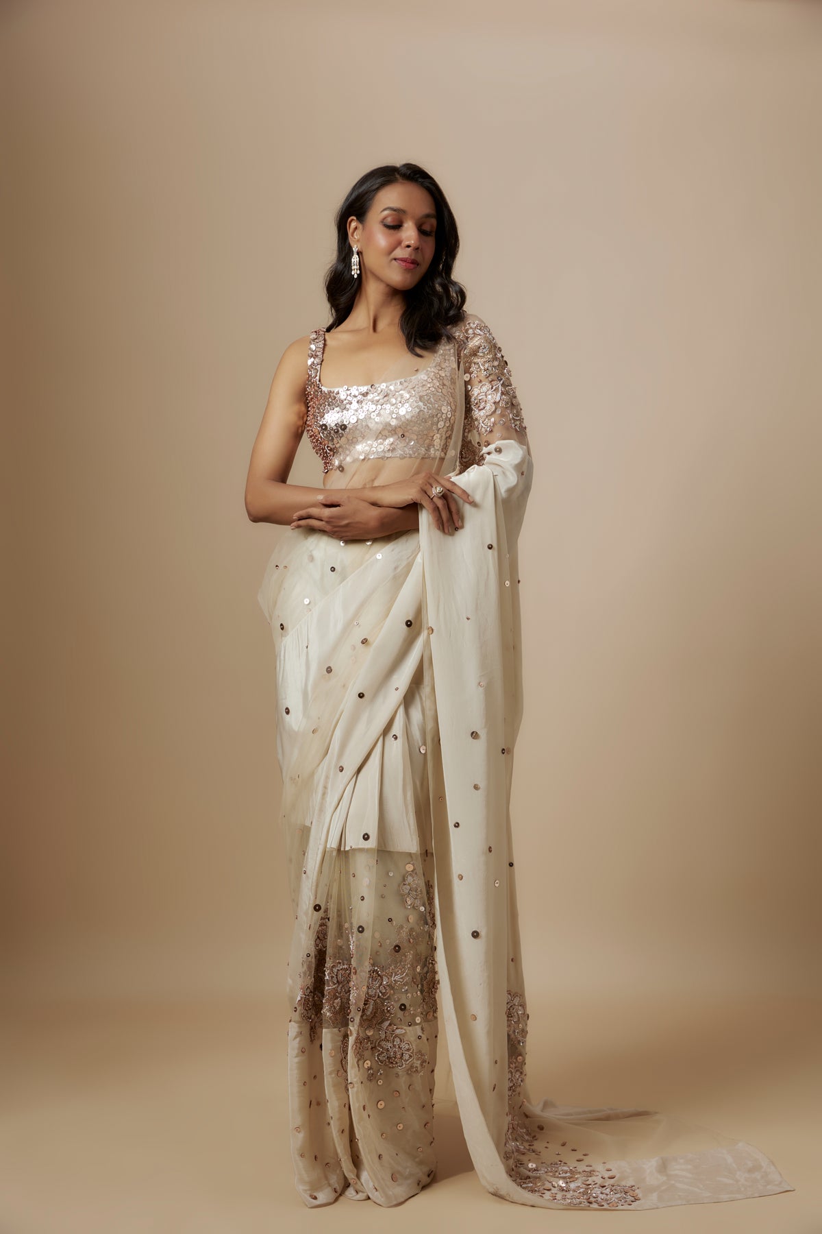 Beige Block  Embroidered Saree set