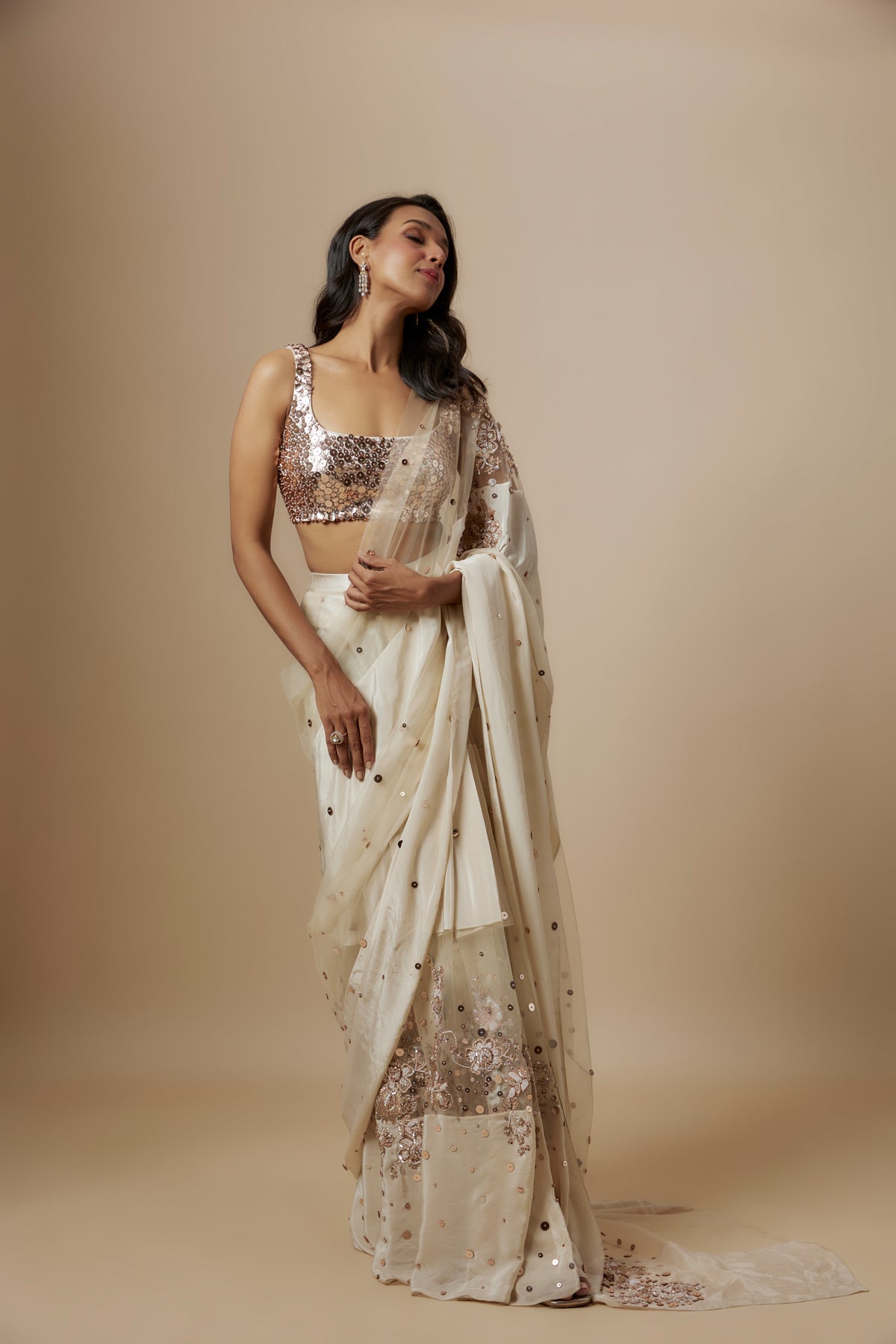 Beige Block  Embroidered Saree set