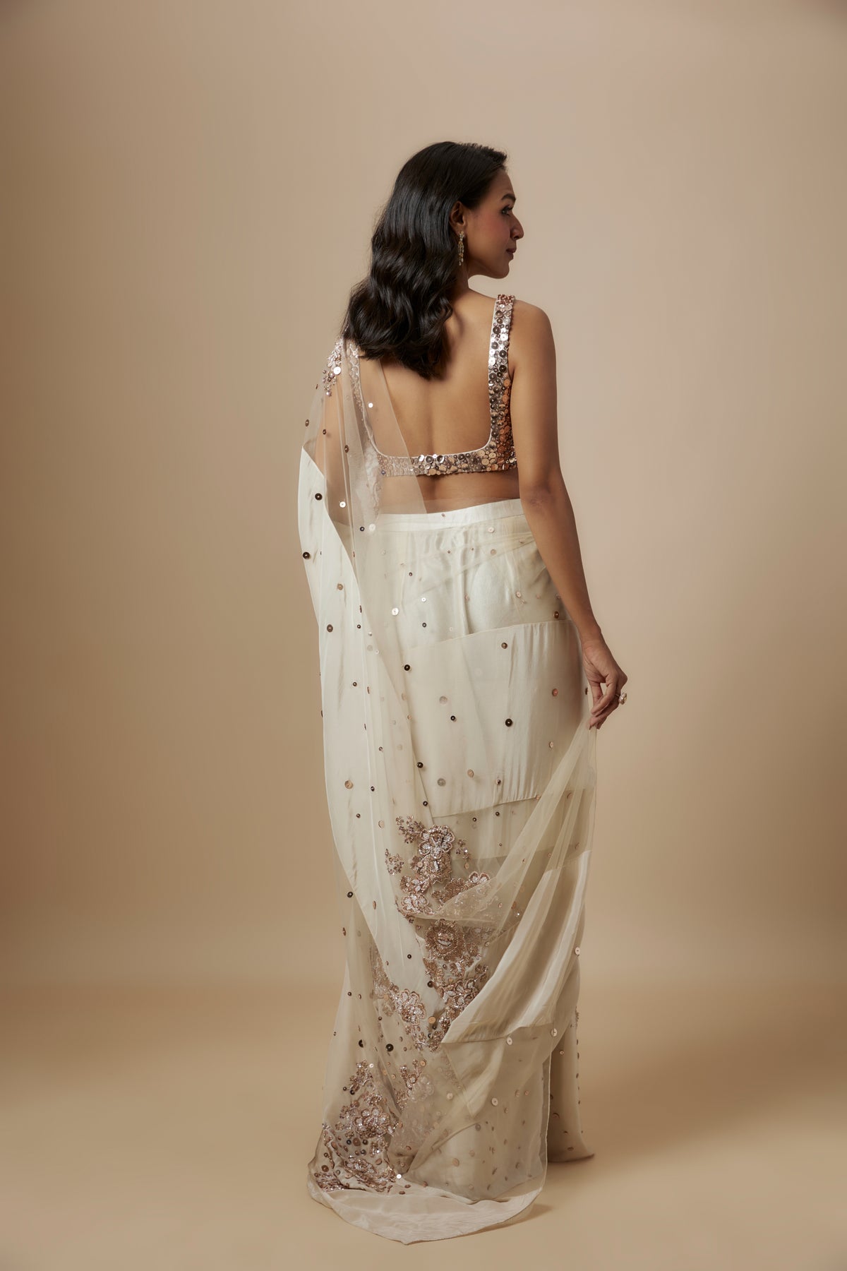 Beige Block  Embroidered Saree set