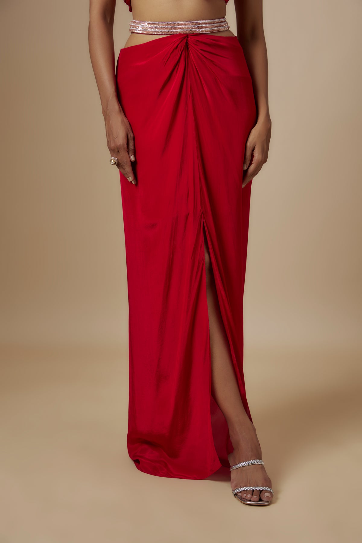 Red Skirt With Drape Blouse