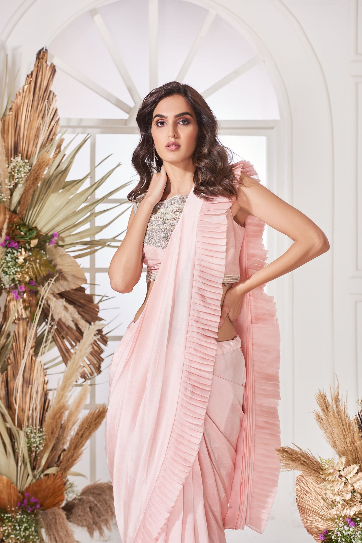 Blush pink draped saree