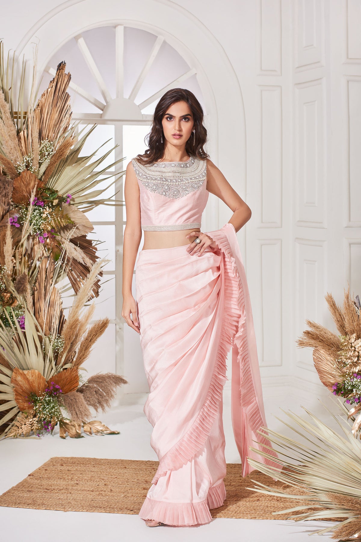 Blush pink draped saree