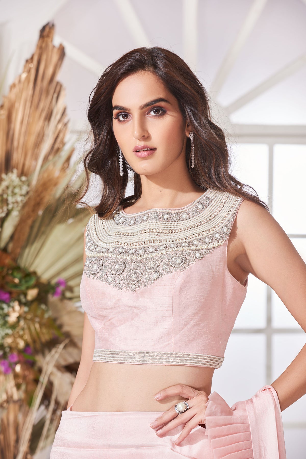 Blush pink draped saree