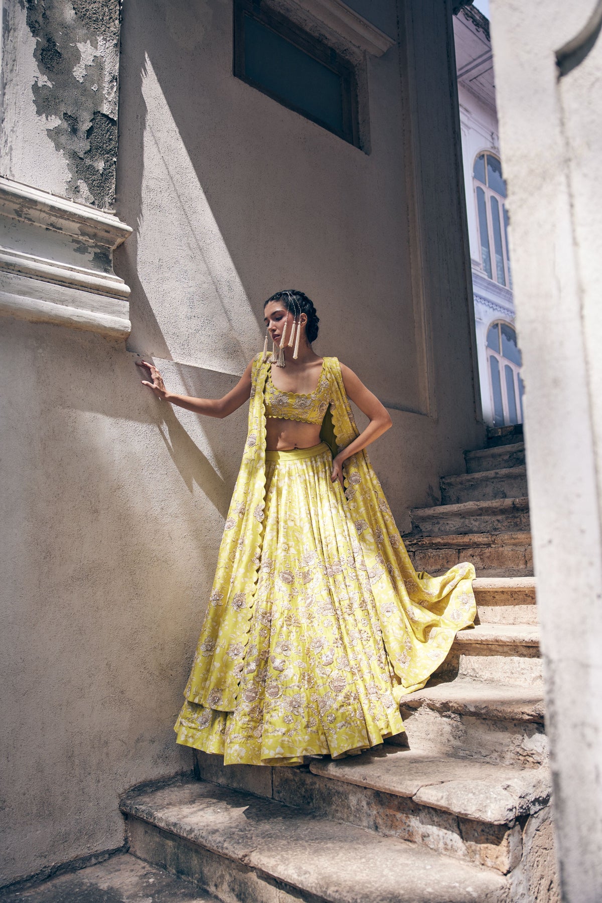Lime Yellow Vintage Floral  Lehenga Jacket Set