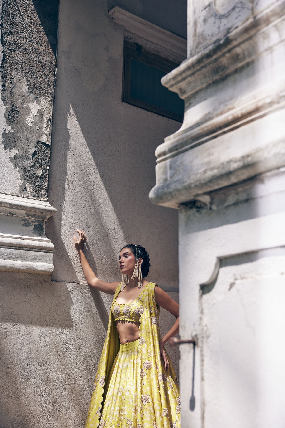 Lime Yellow Vintage Floral  Lehenga Jacket Set
