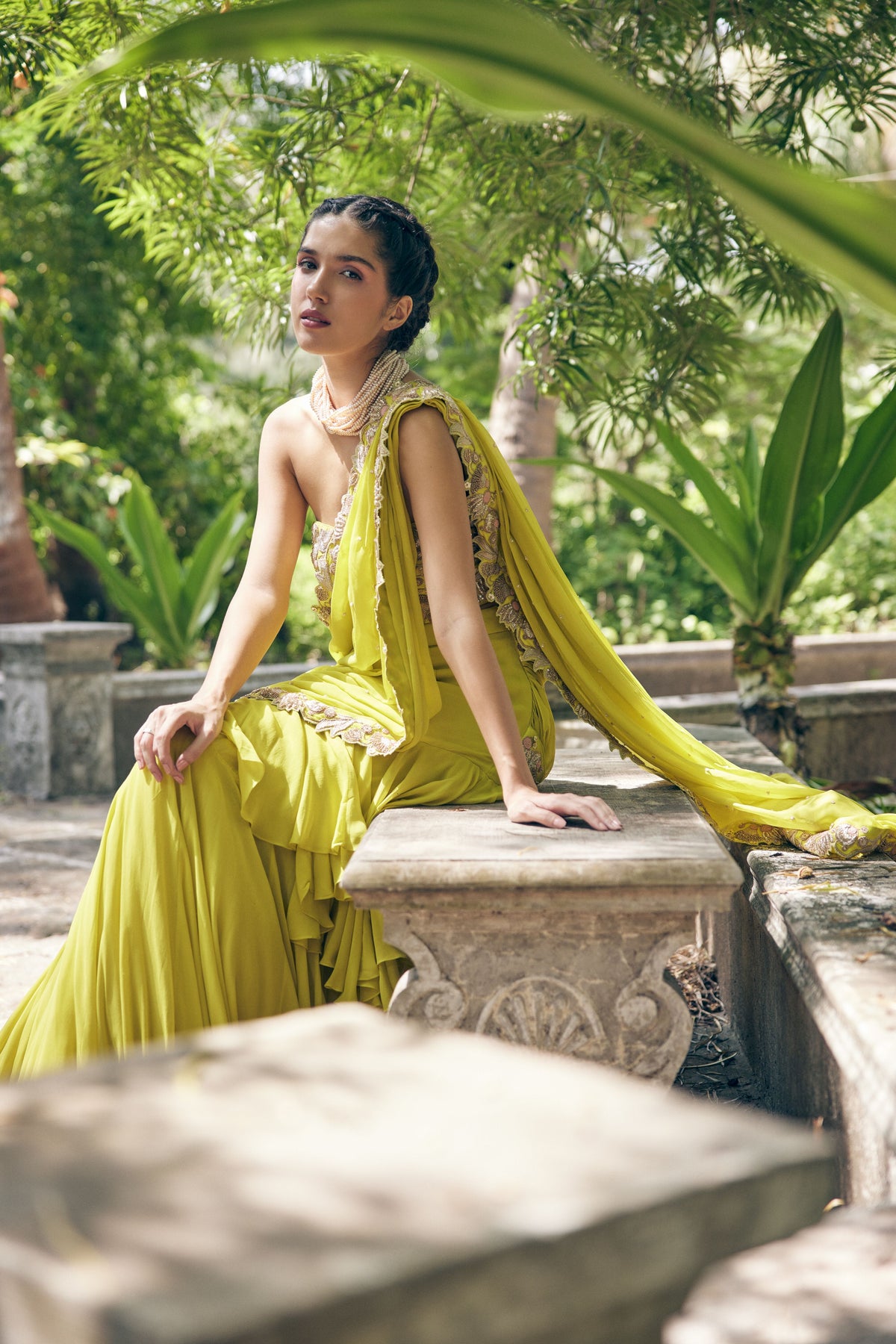 Lime Yellow Pre Stitch Saree Set