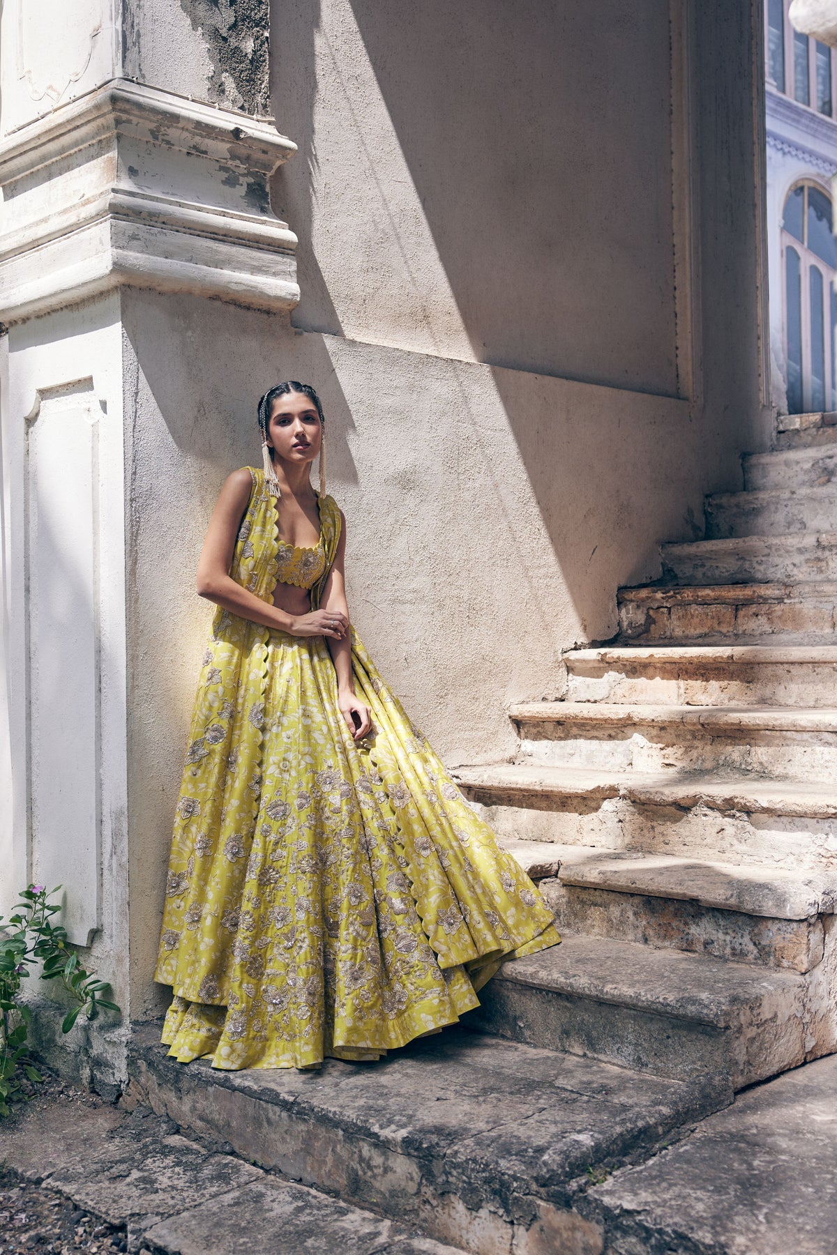 Lime Yellow Vintage Floral  Lehenga Jacket Set