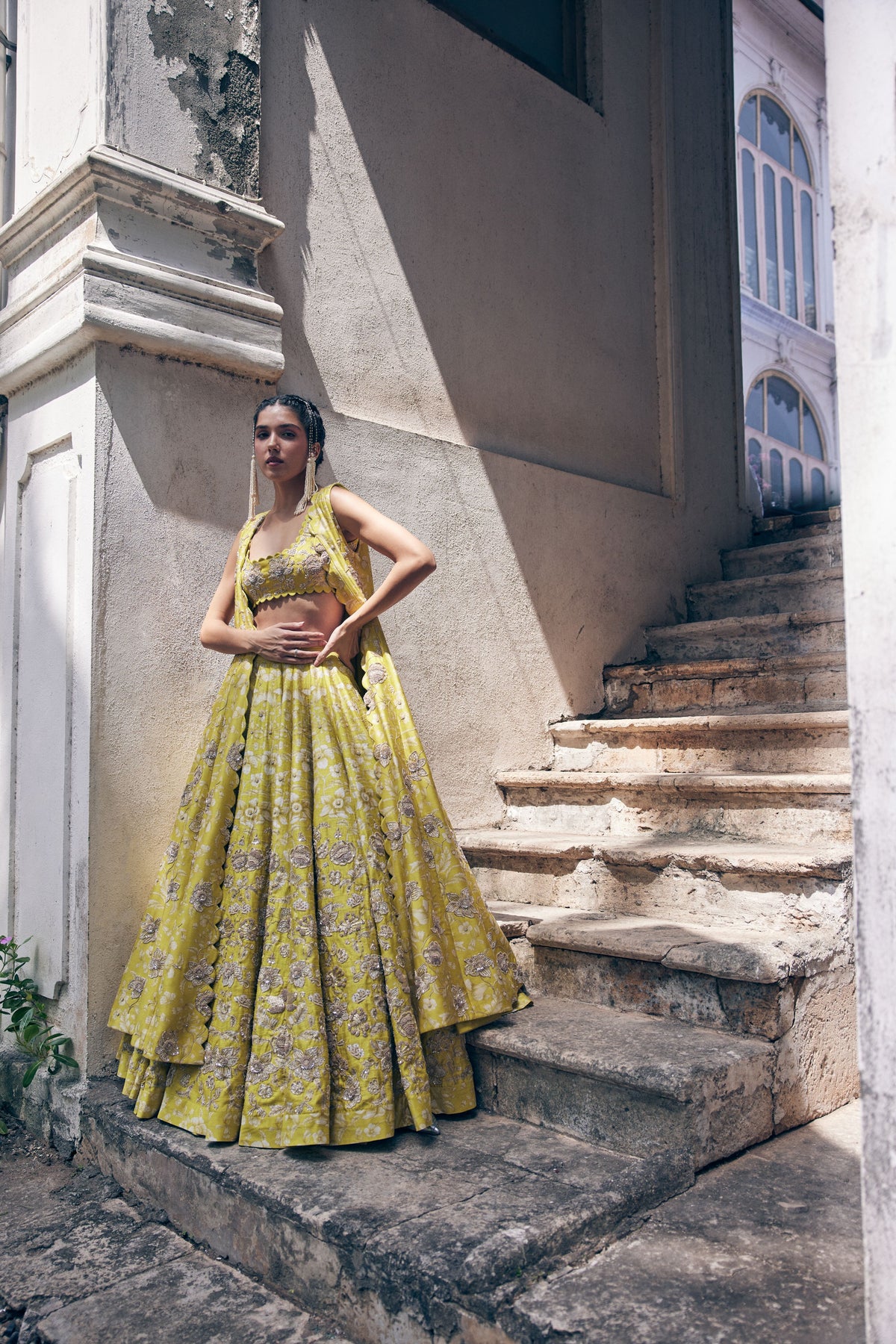 Lime Yellow Vintage Floral  Lehenga Jacket Set