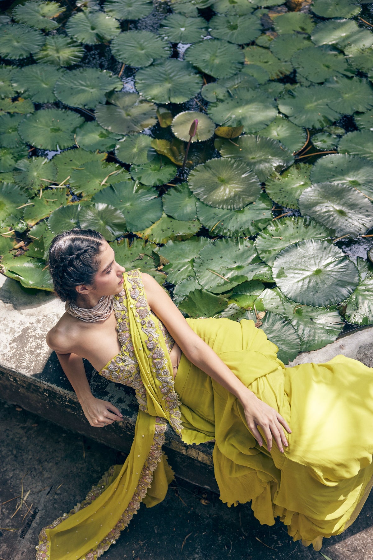 Lime Yellow Pre Stitch Saree Set