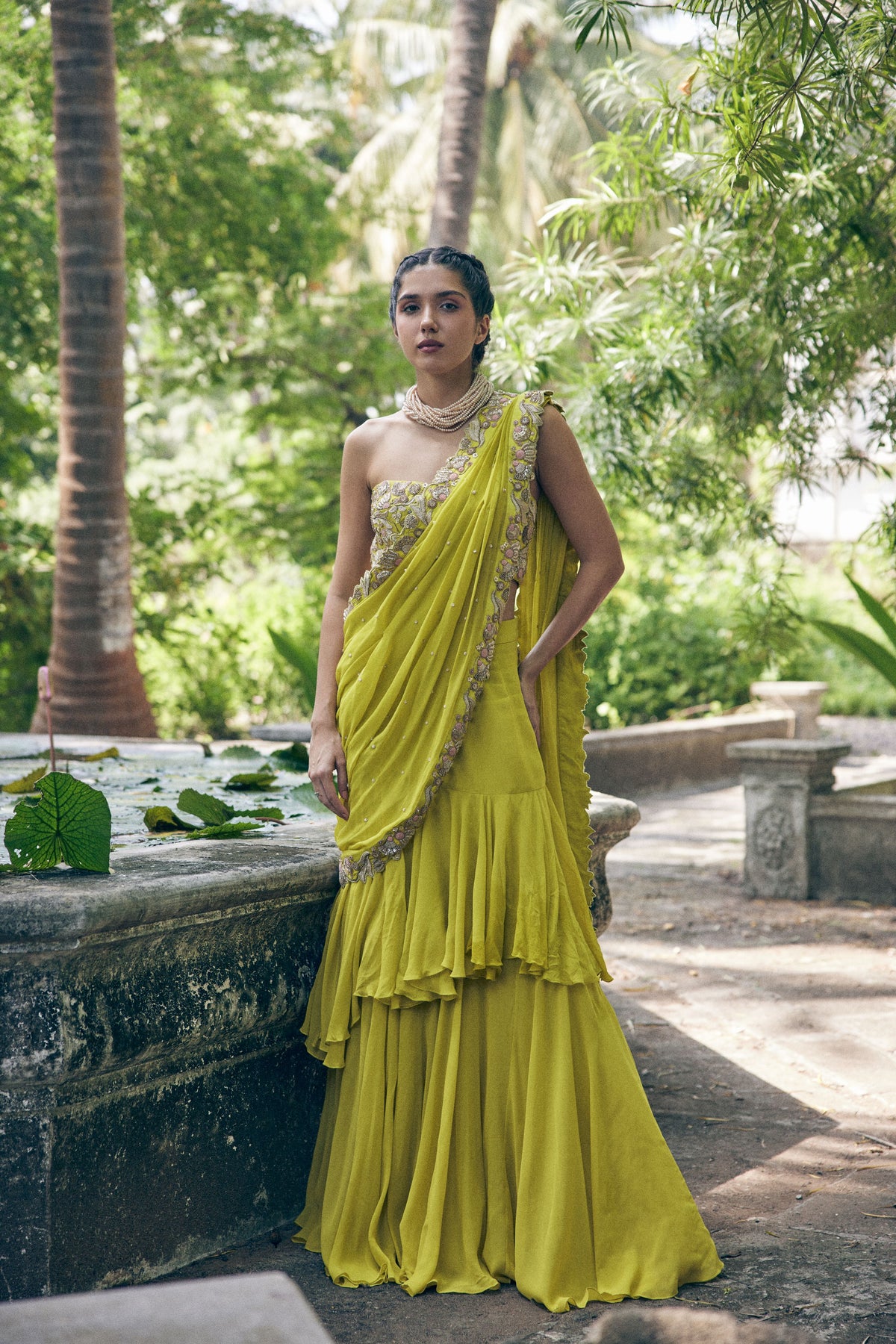 Lime Yellow Pre Stitch Saree Set
