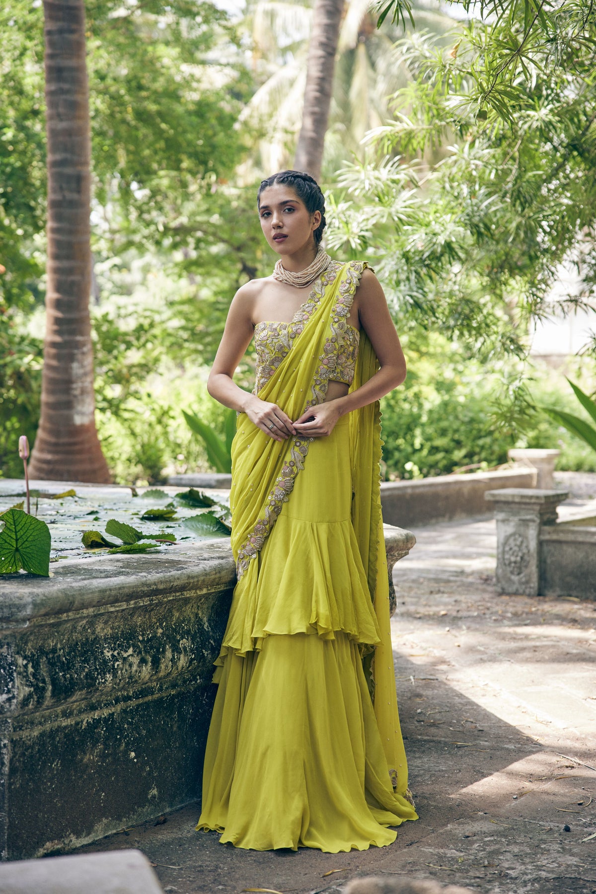 Lime Yellow Pre Stitch Saree Set