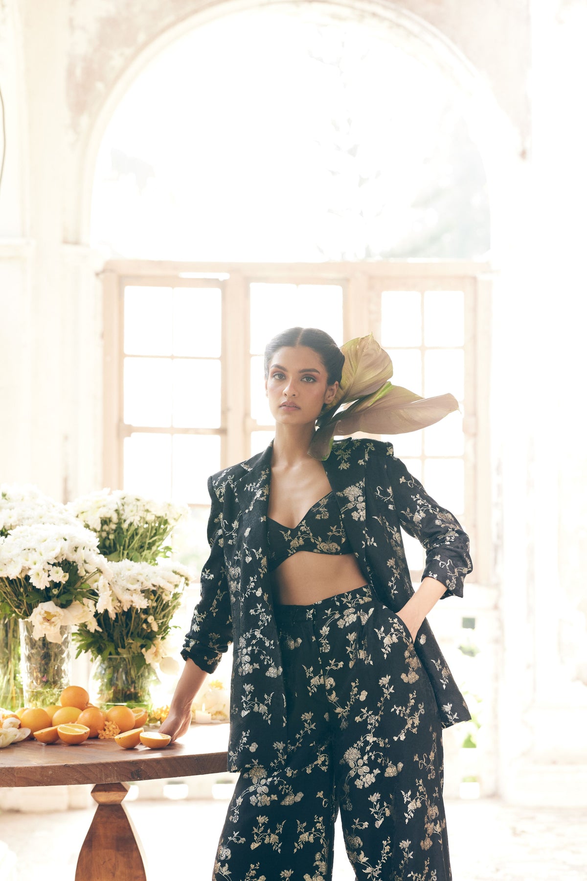 Black Self Woven Jacquard Blazer Set