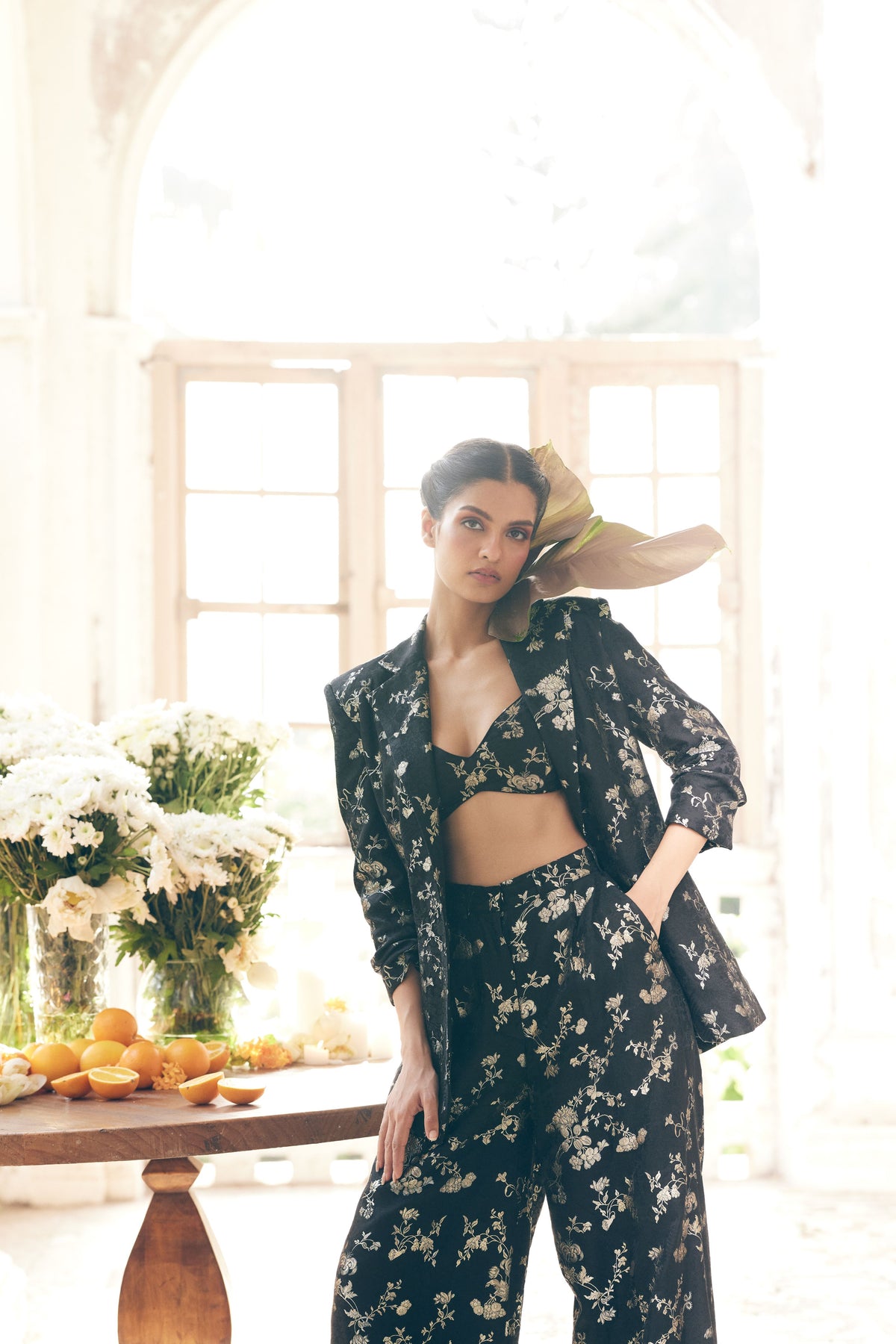 Black Self Woven Jacquard Blazer Set