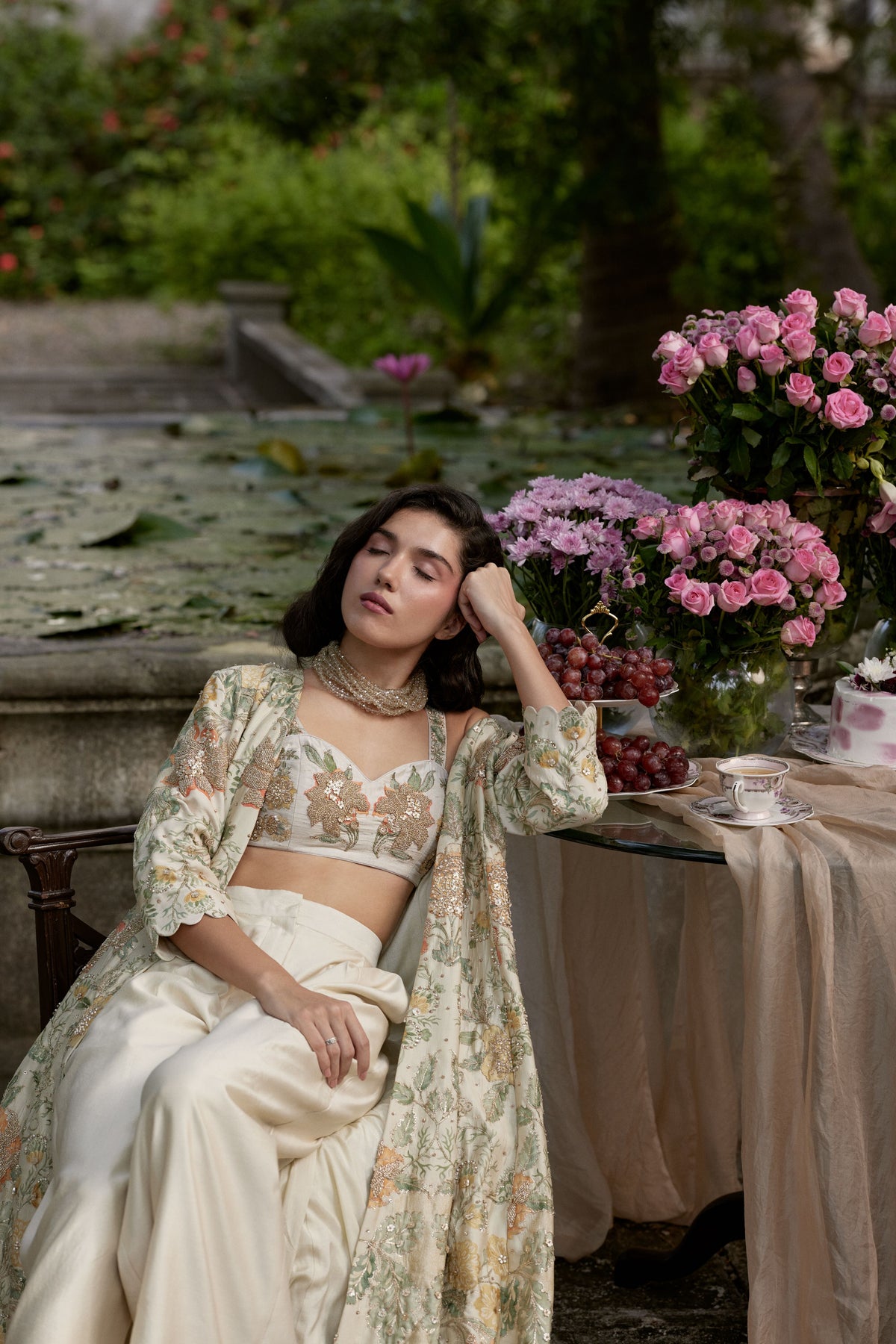 Ivory Orange Floral Jacket Set
