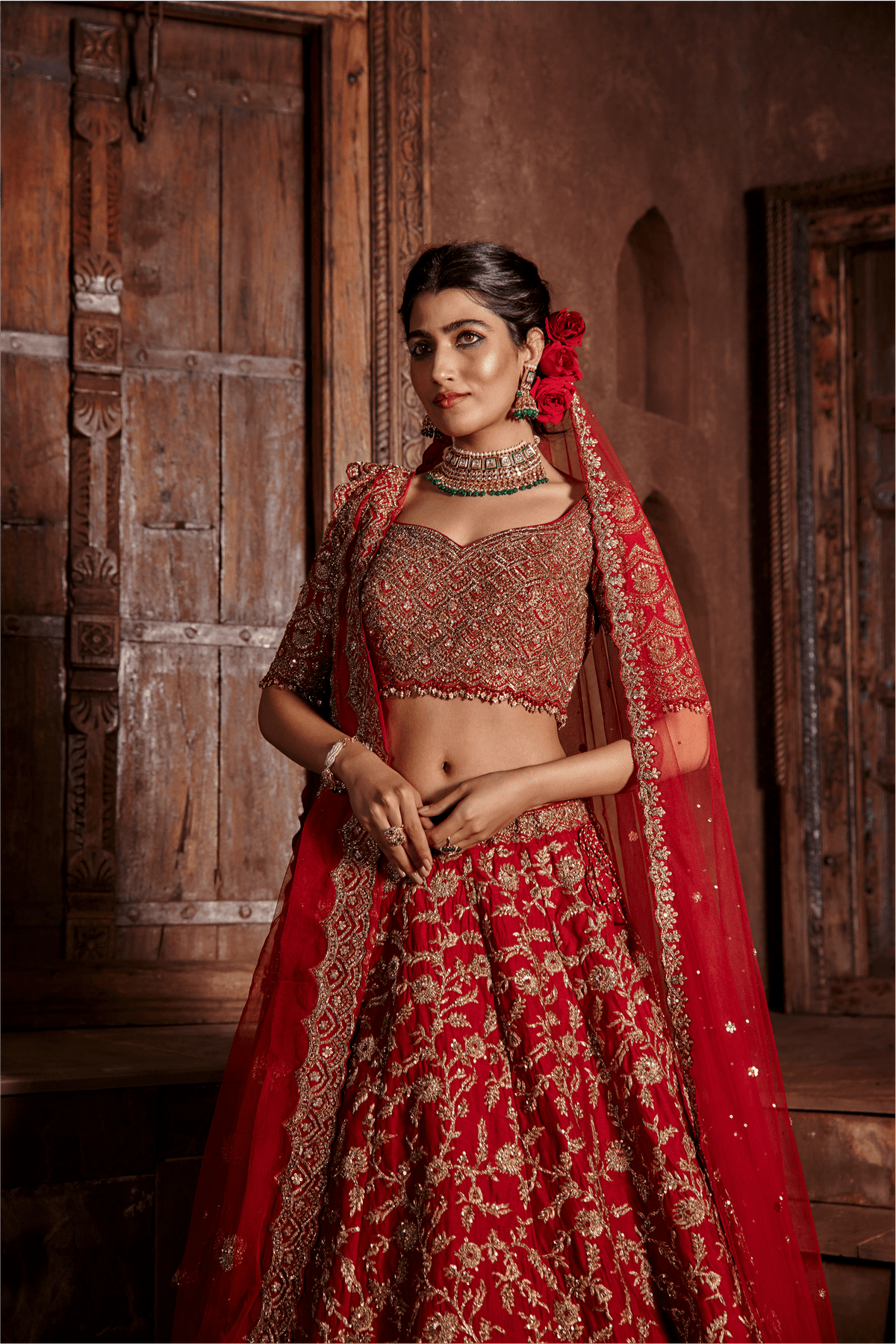 Red Raw Silk Lehenga Set