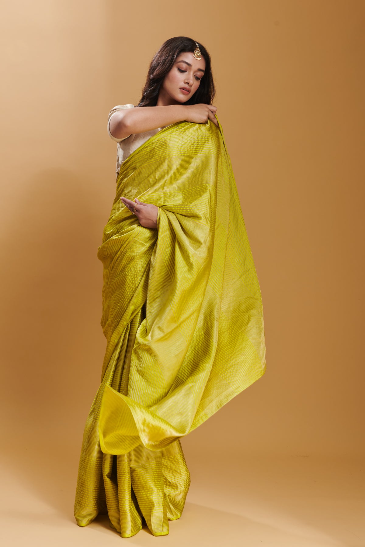 Yellow Silken Ripples Silk Satin Saree