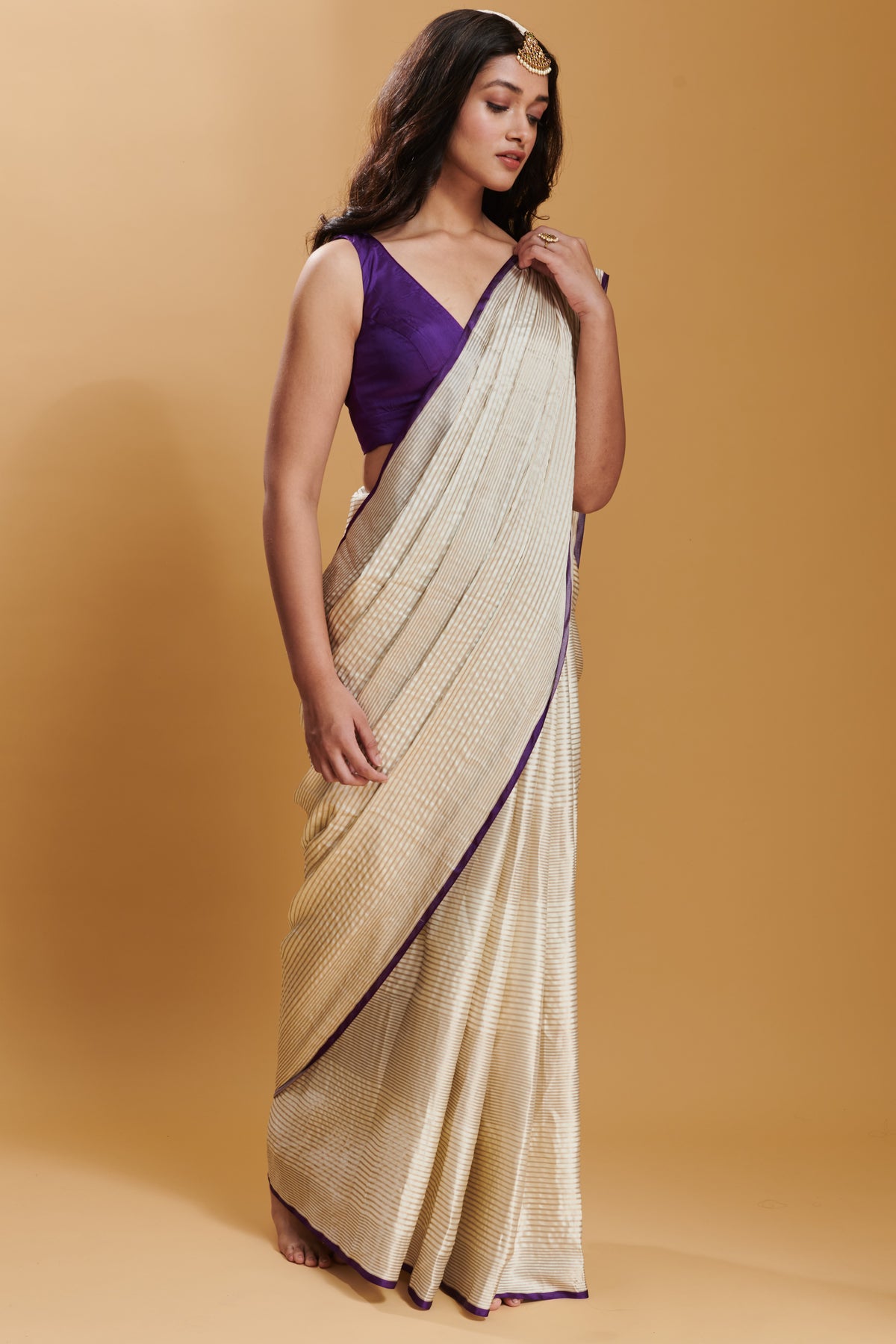 Ivory Silken Ripples Silk Satin Saree