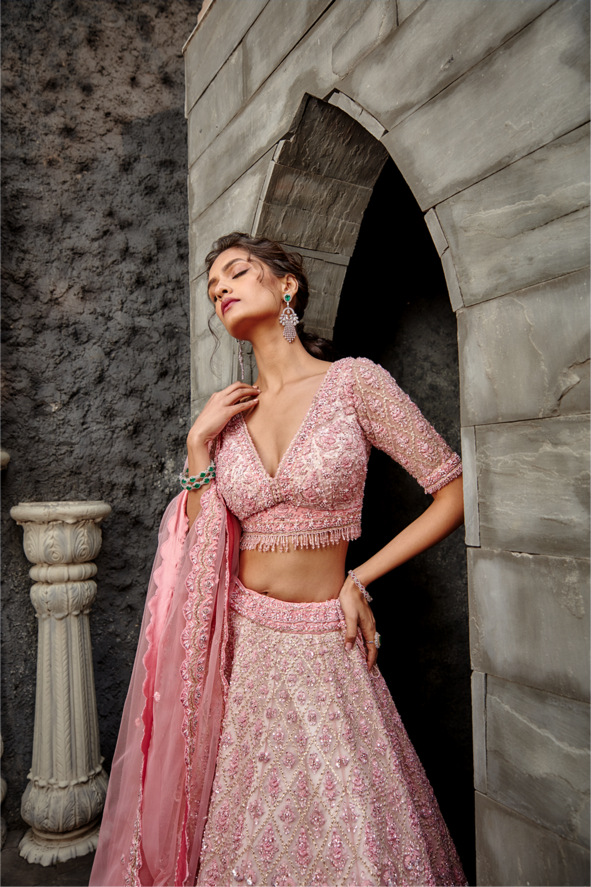 Cream/blush Tulle Gota/resham Lehenga Set